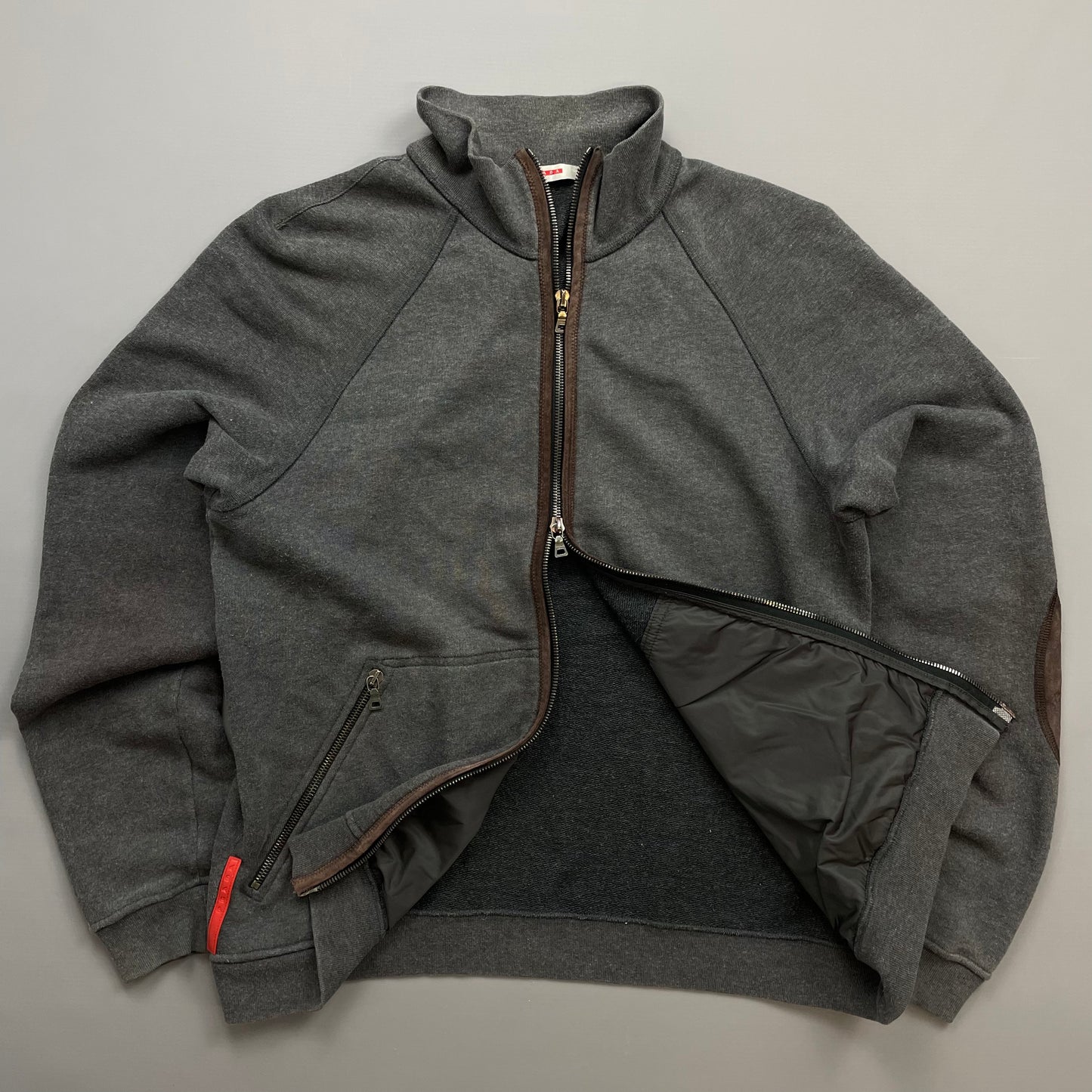 Prada Sport Grey Zip-Through Jumper w/ Suede Patch Detailing