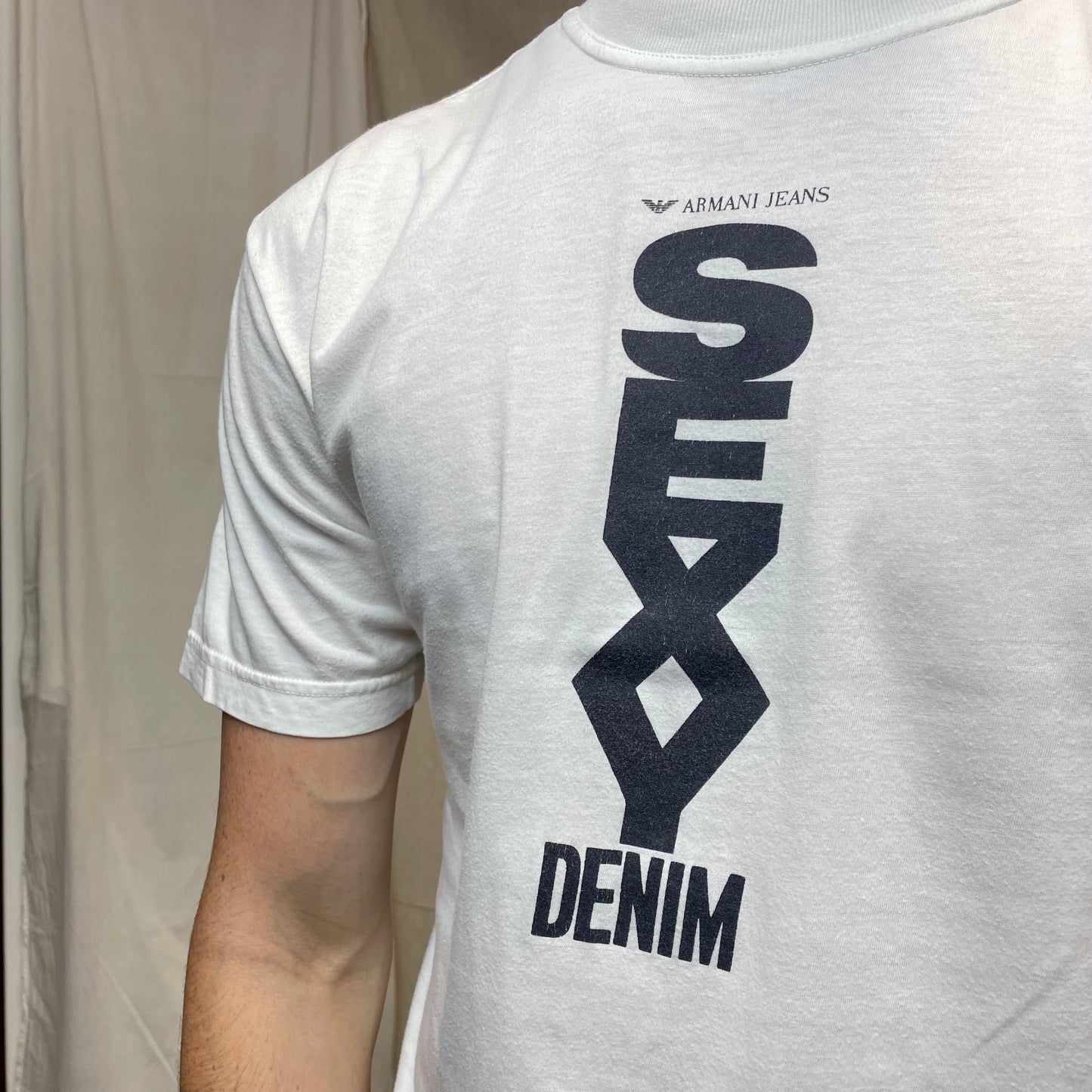 Armani Jeans Cream White 90s 'Sexy Denim' Tee