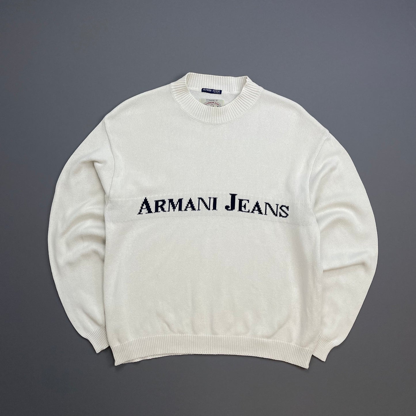 Armani Jeans White 90s Spellout Knit Jumper