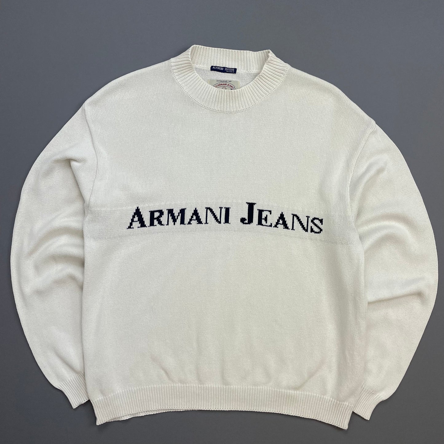 Armani Jeans White 90s Spellout Knit Jumper