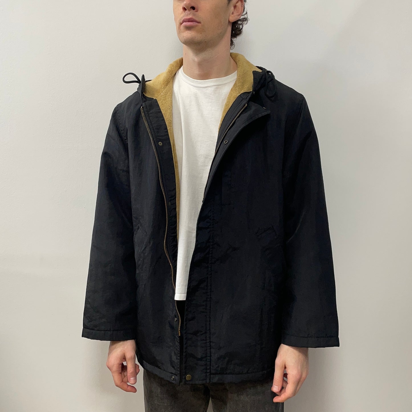 C.P. Company Black AW95 Nylon Fleece Lined Hooded Overcoat