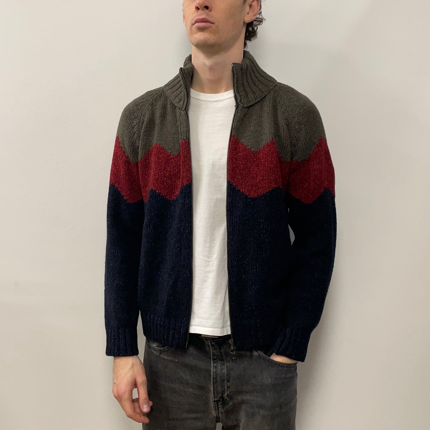 C.P. Company Navy, Red & Grey AW00 Chunky Silk & Wool Cardigan