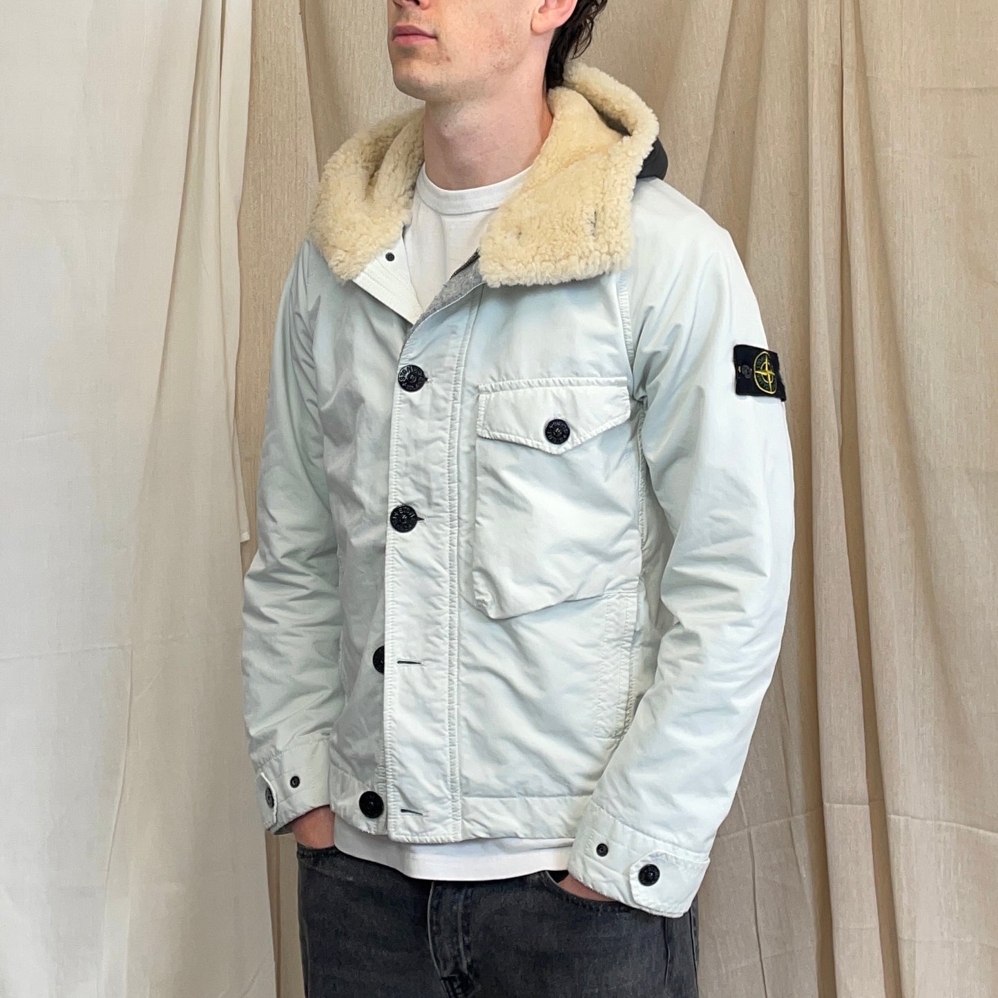 Stone Island White AW17 David-TC Sheep Leather Sheerling Hood Down Puffer Lined Jacket