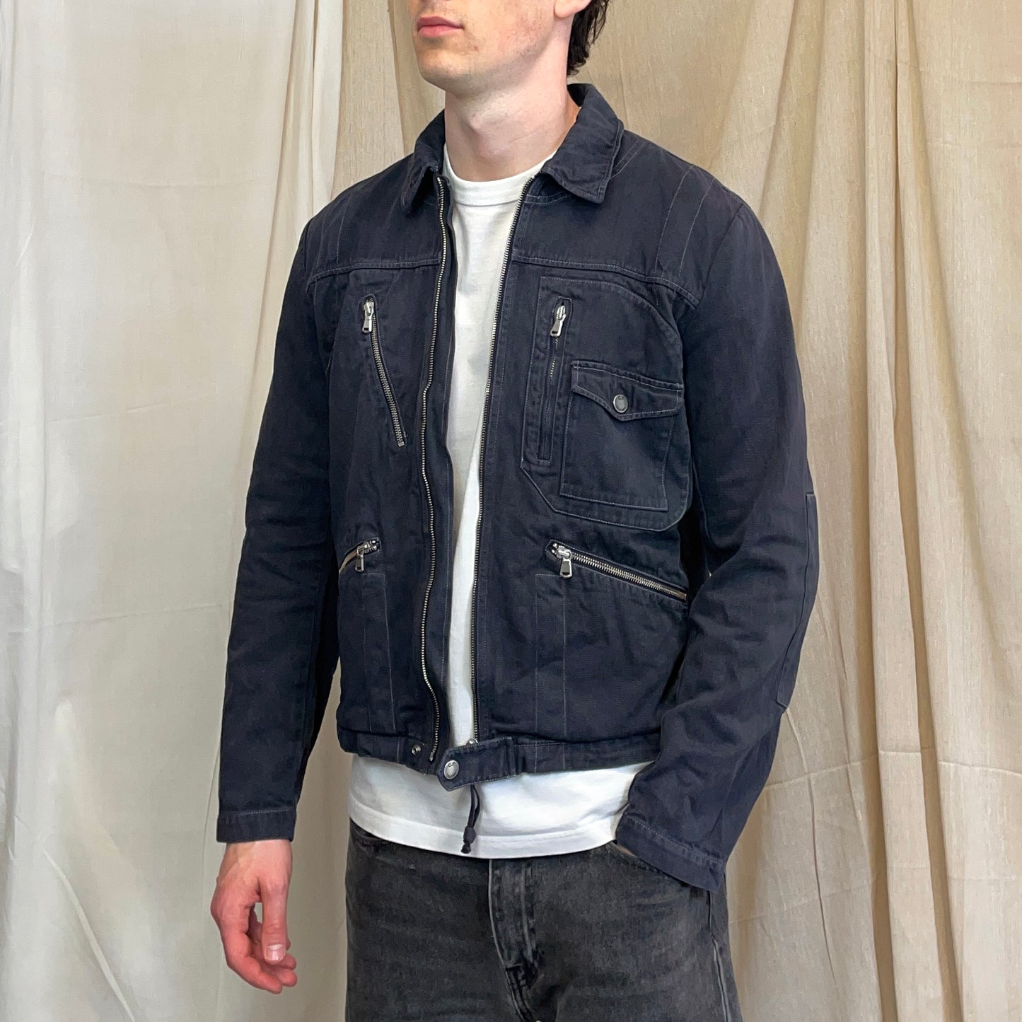 C.P. Company Navy SS06 Denim Contrast Stitch Collared Biker Jacket
