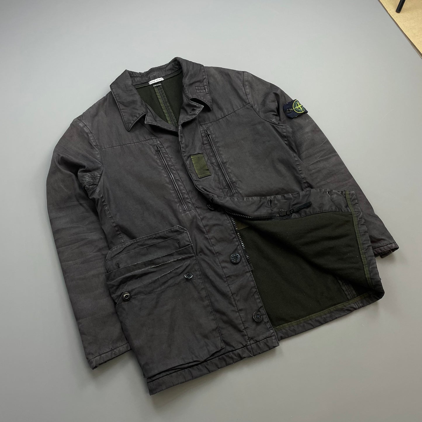 Stone Island Dark Grey AW05 Lino Flax Coated-Linen Wool-Lined Overcoat