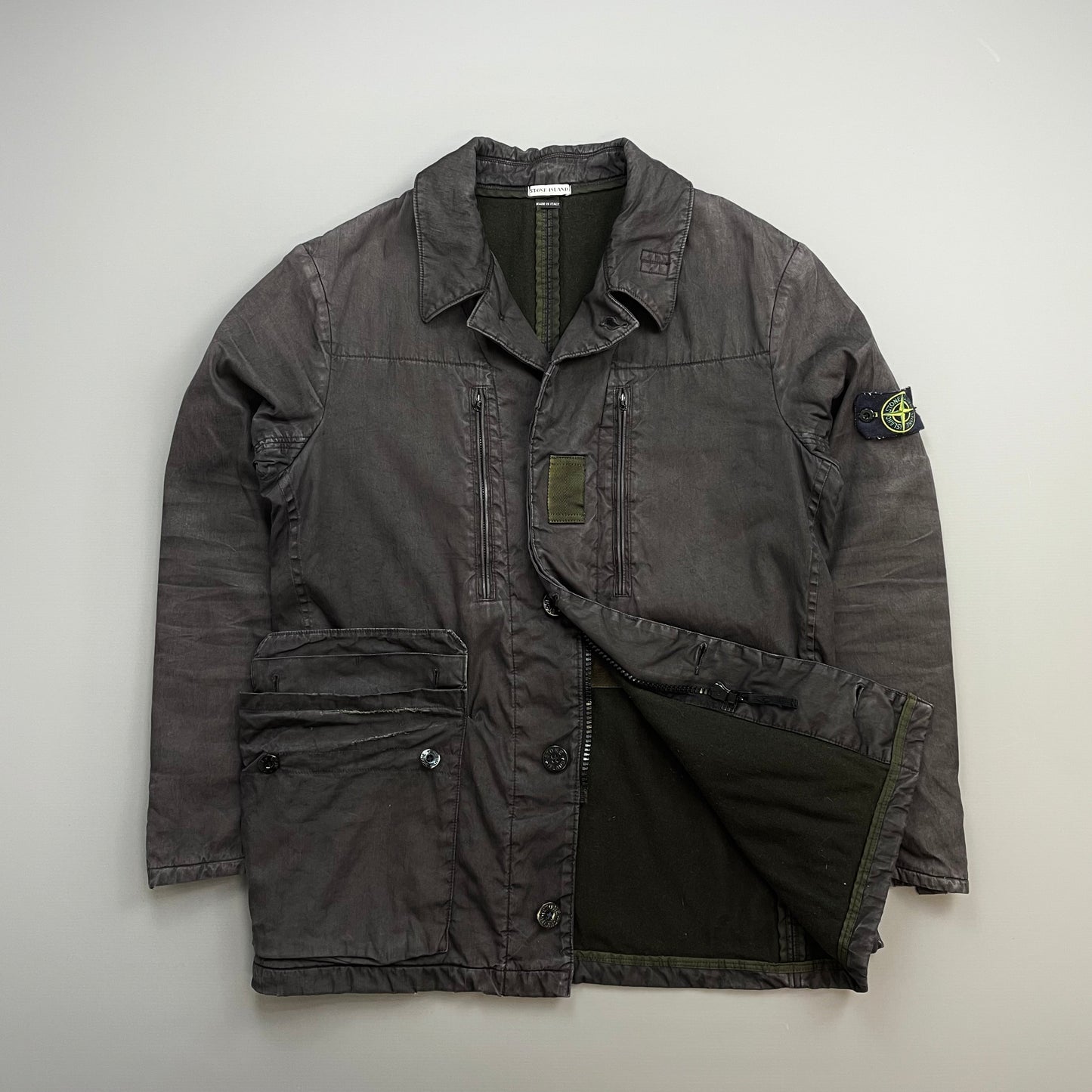 Stone Island Dark Grey AW05 Lino Flax Coated-Linen Wool-Lined Overcoat
