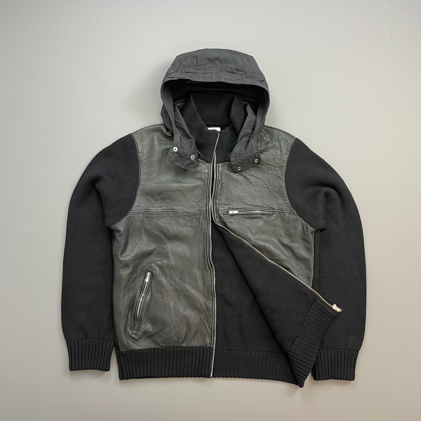 C.P. Company Black AW06 Leather & Wool Hybrid Detachable Hood Jacket