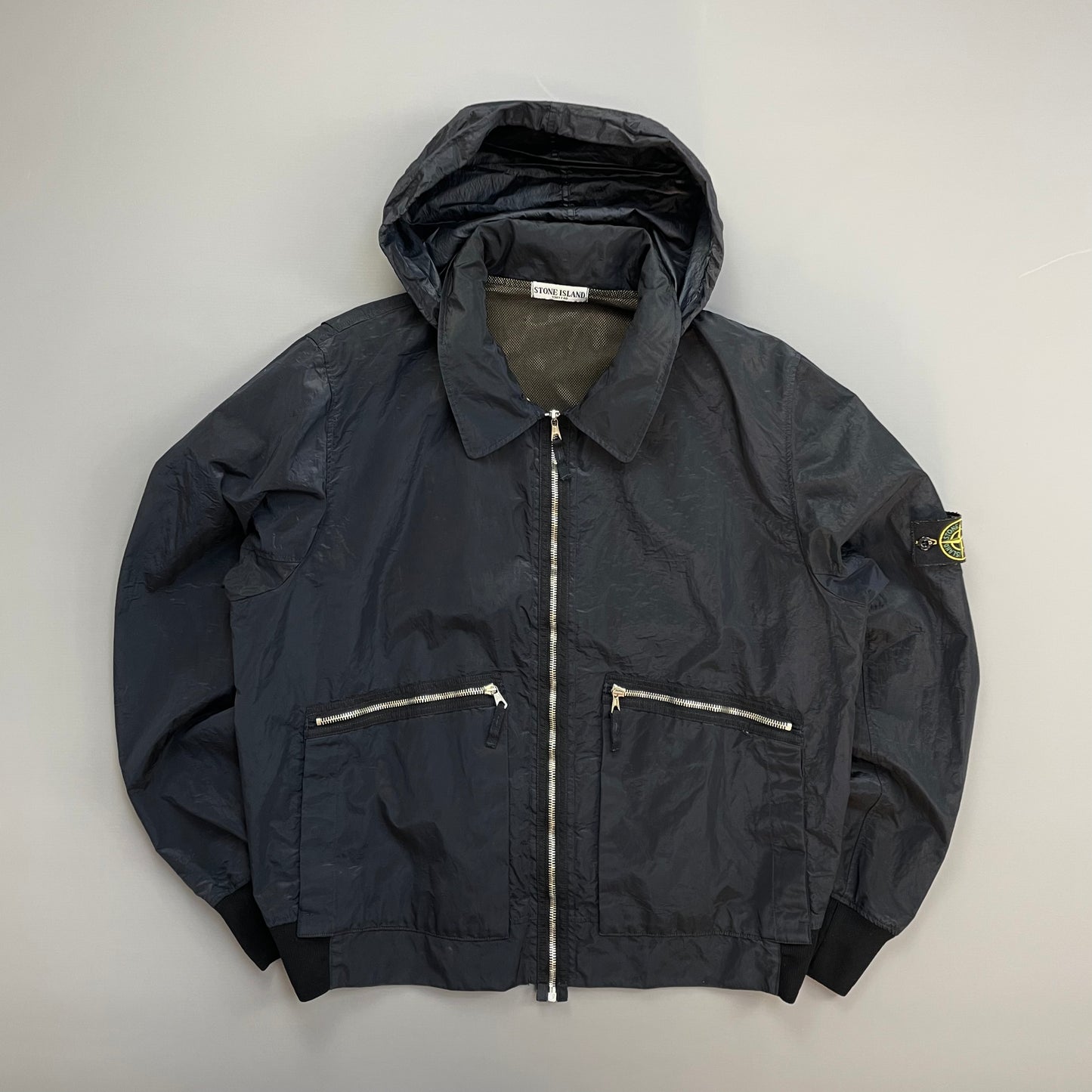 Stone Island Navy SS08 Nylon Metal Archivio Concealed Hood Lightweight Bomber Jacket
