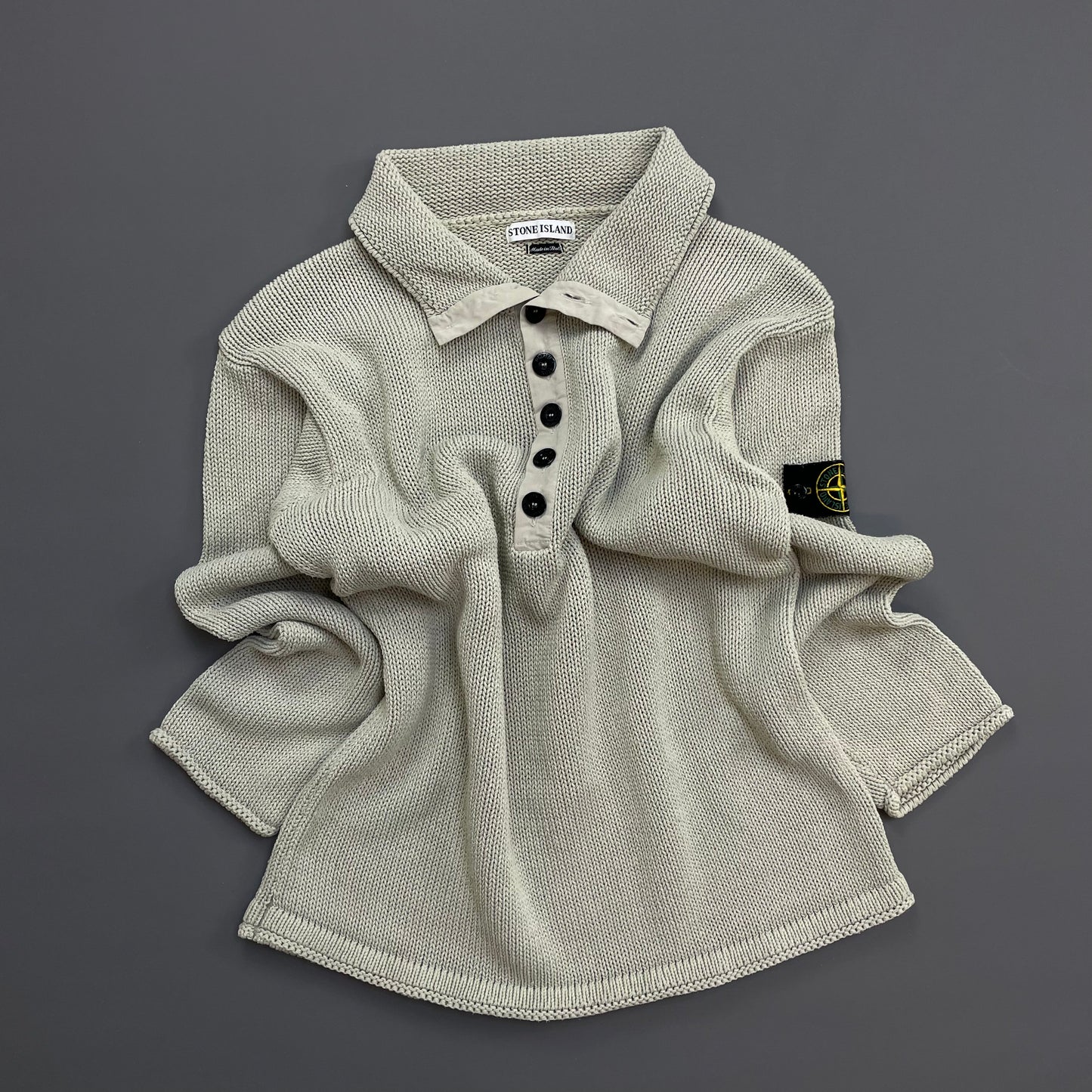 Stone Island Grey SS00 Heavyweight Button Collar Knit Jumper