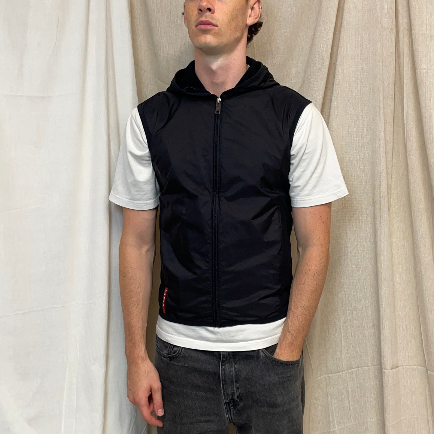Prada Sport Black 2015 Nylon Panelled Hooded Gilet Vest