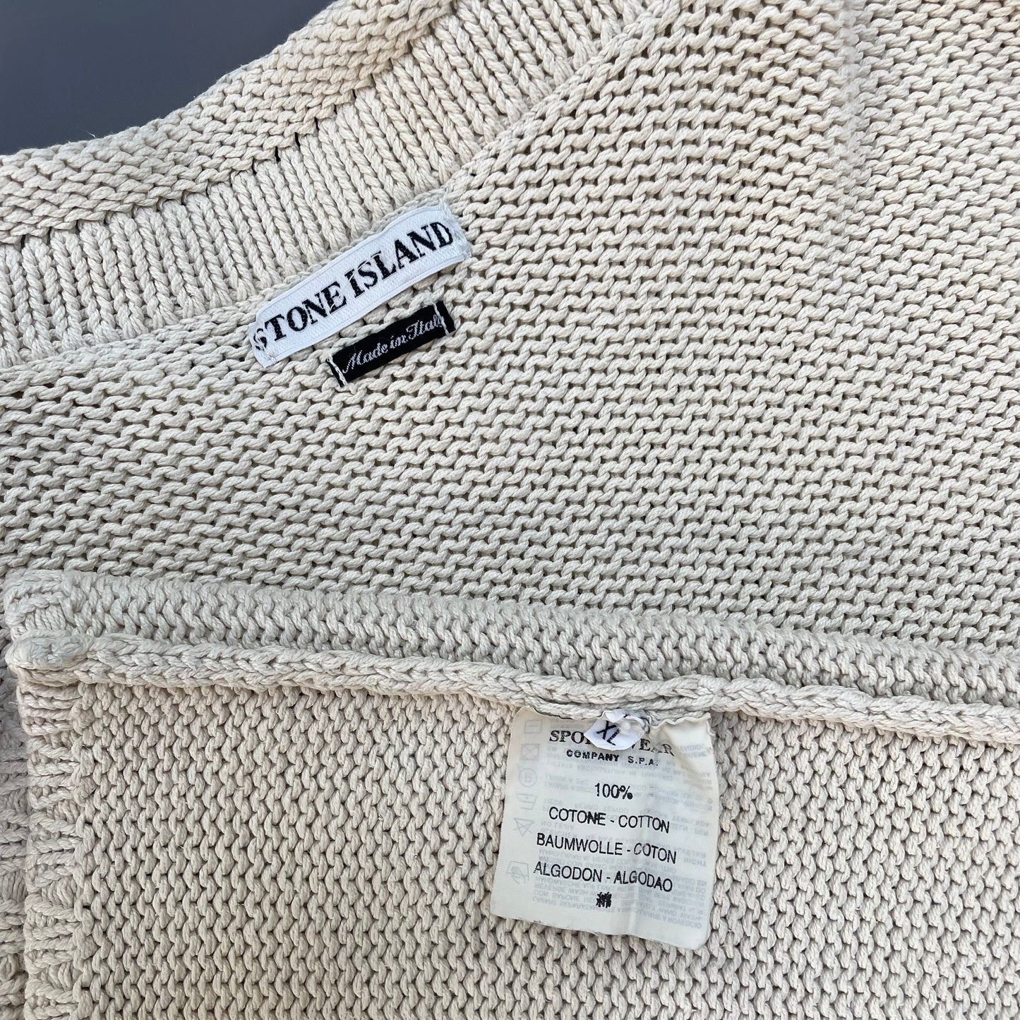Stone Island Cream SS00 Heavyweight Raw-Edge Collar Knit Jumper