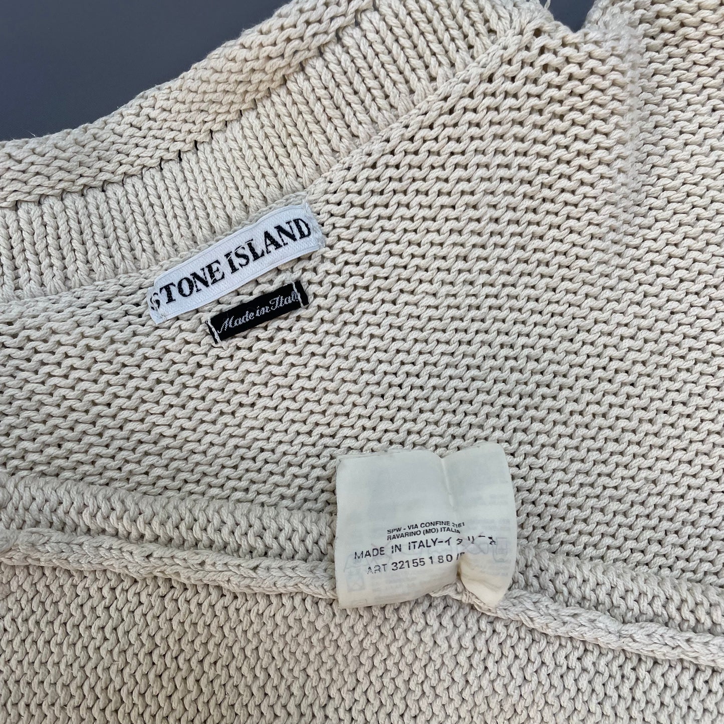Stone Island Cream SS00 Heavyweight Raw-Edge Collar Knit Jumper