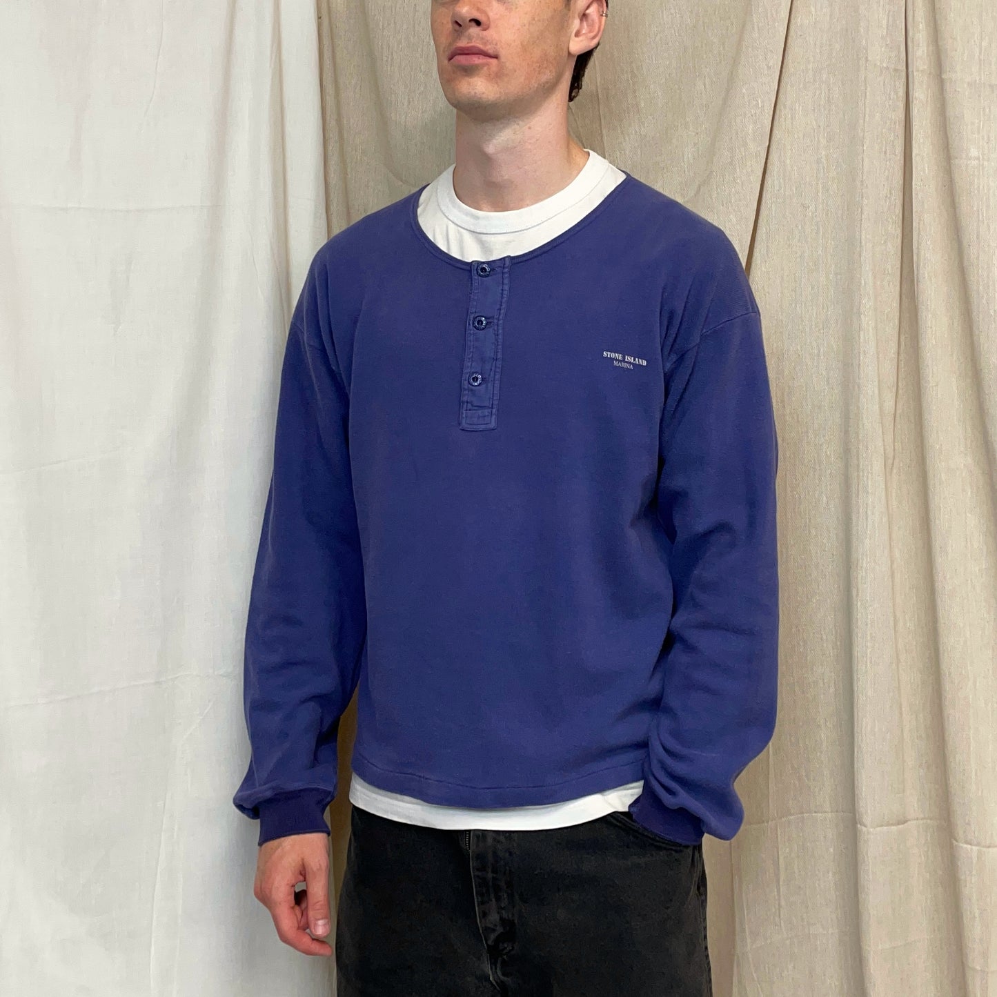 Stone Island Blue 80s Marina Scoop Neck Button-Up Jumper