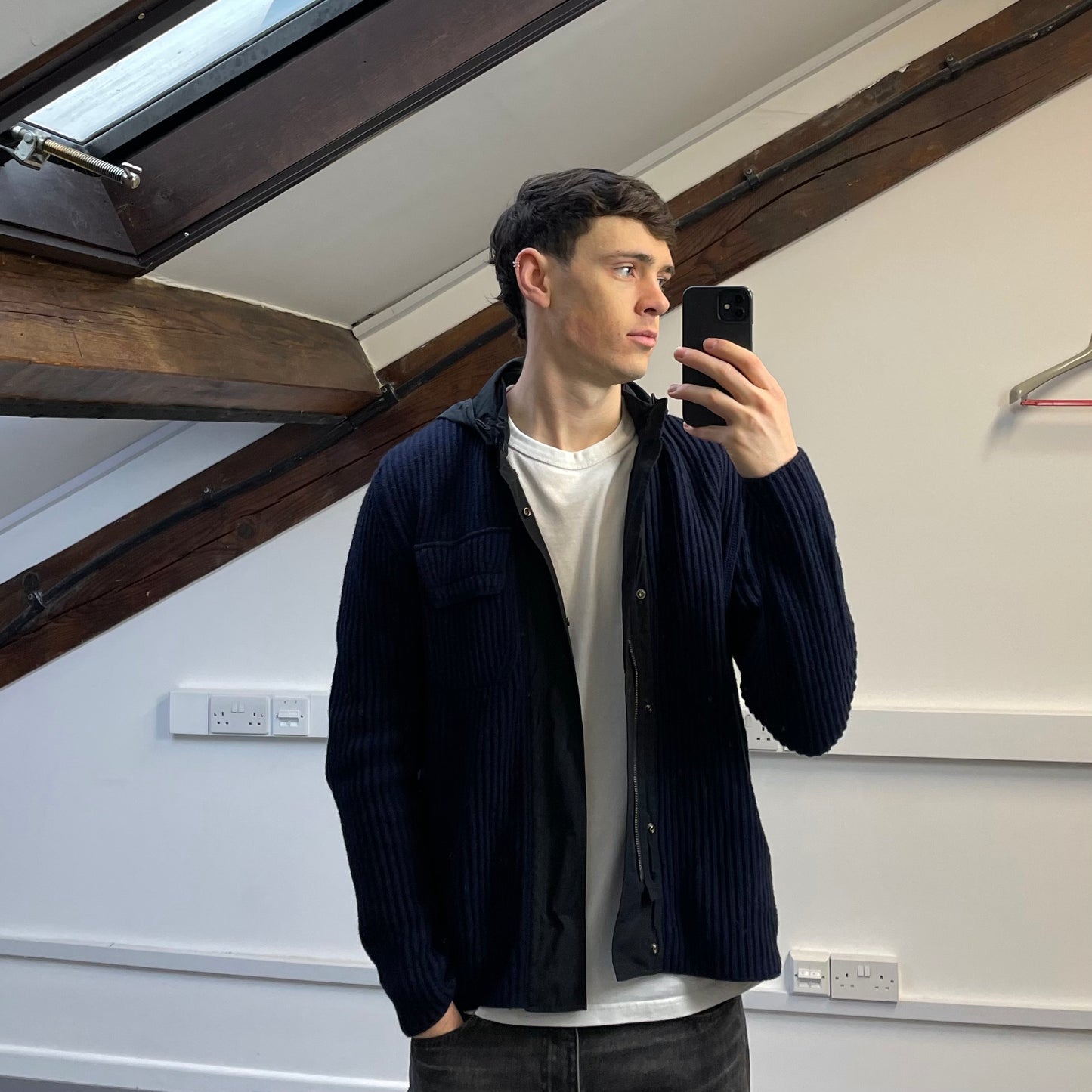 CP Company Navy & Black Wool & Nylon Hybrid Knit Goggle Jacket