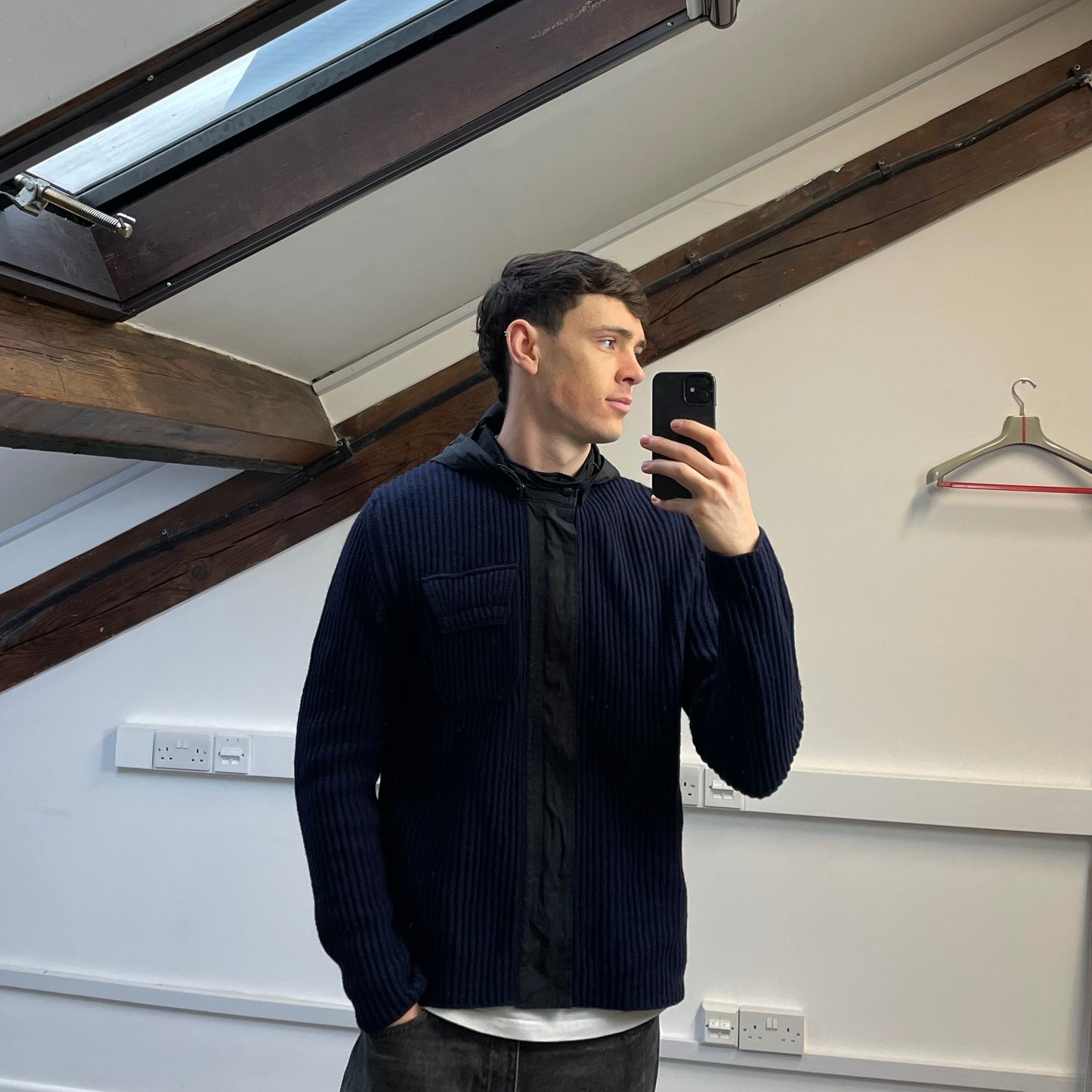 CP Company Navy & Black Wool & Nylon Hybrid Knit Goggle Jacket