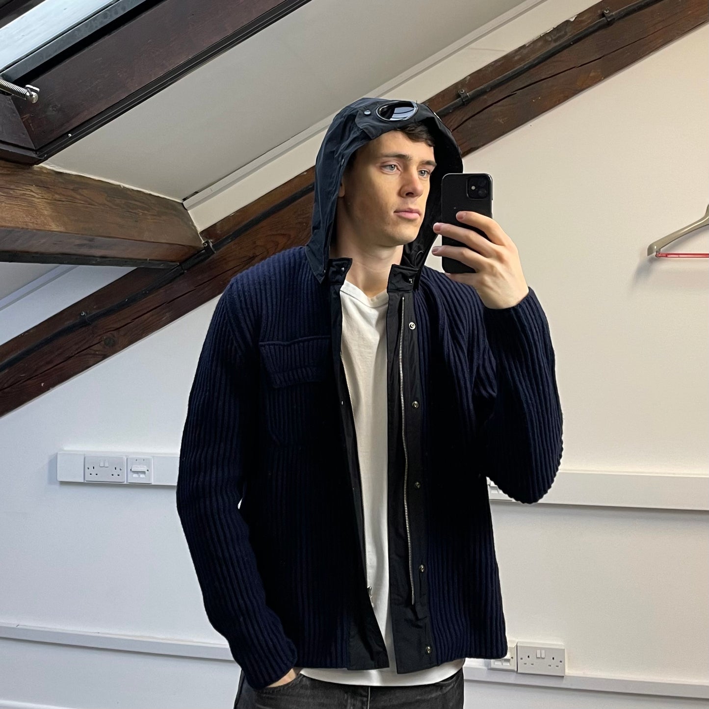CP Company Navy & Black Wool & Nylon Hybrid Knit Goggle Jacket