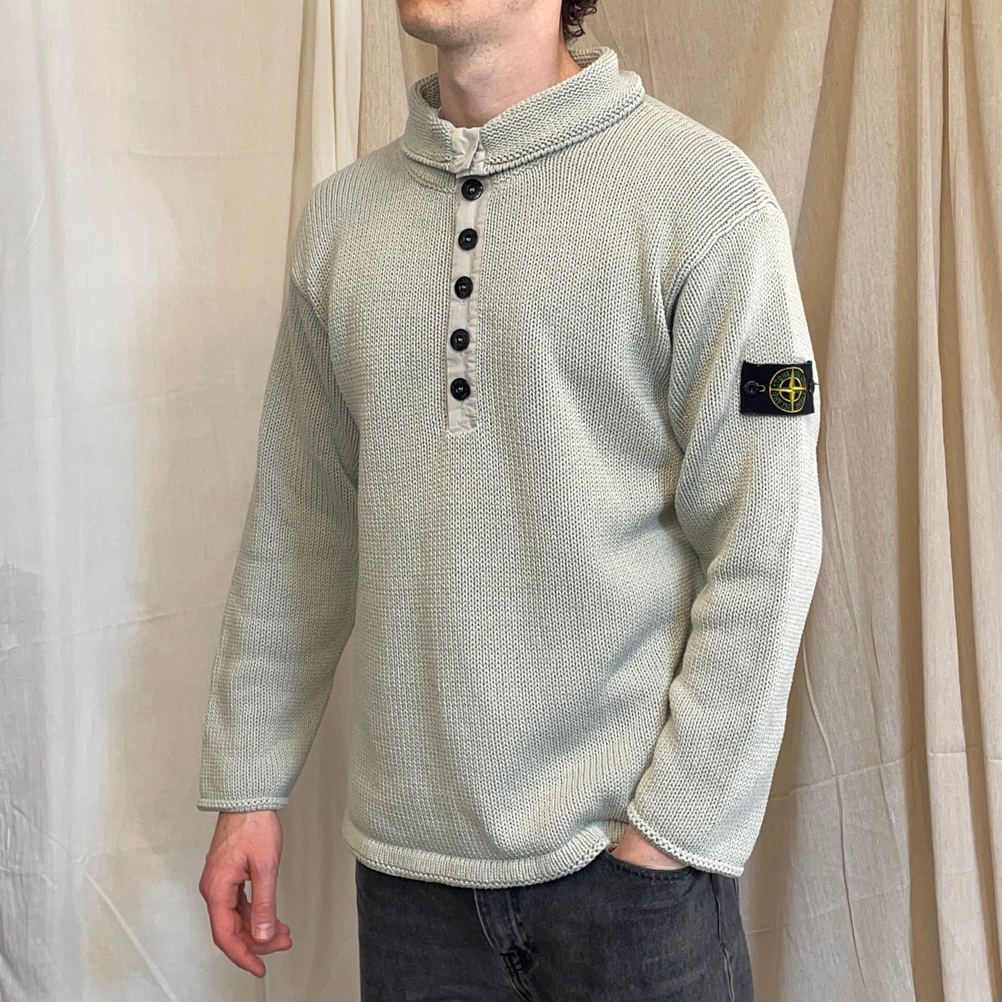 Stone Island Grey SS00 Heavyweight Button Collar Knit Jumper