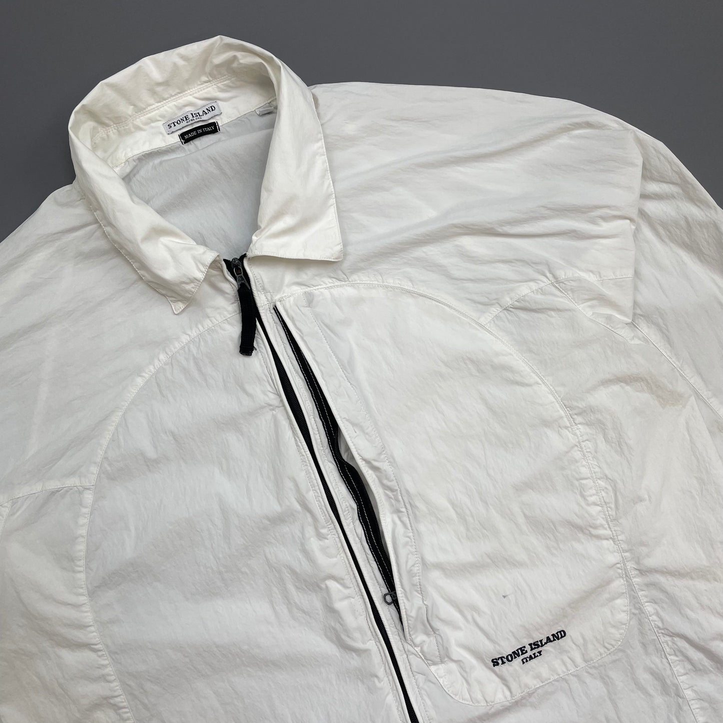 Stone Island White SS05 Technical Spiral-Stitch Lightweight Spellout Overshirt Jacket