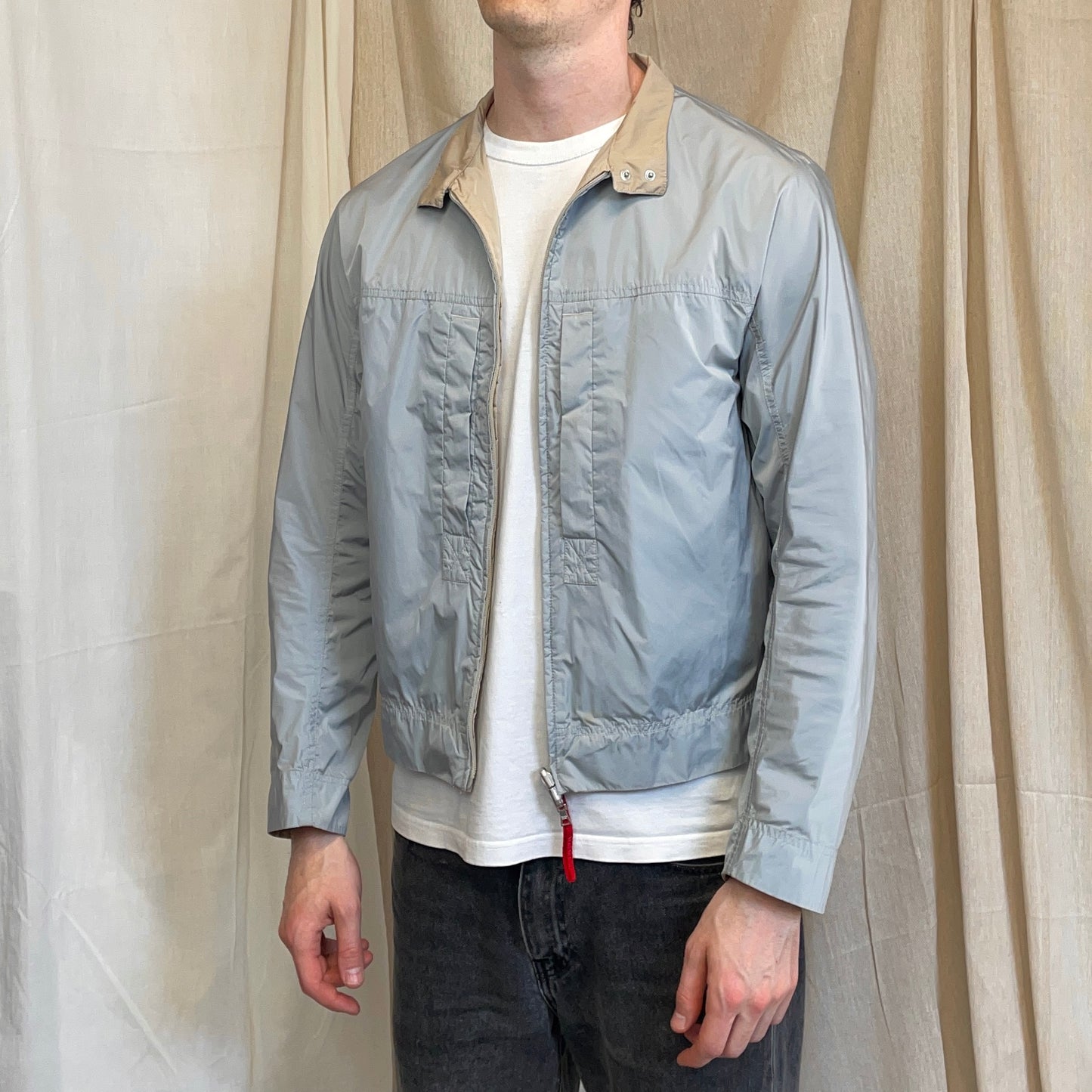 Prada Sport Beige & Blue 00s Reversible Lightweight Nylon Biker Jacket