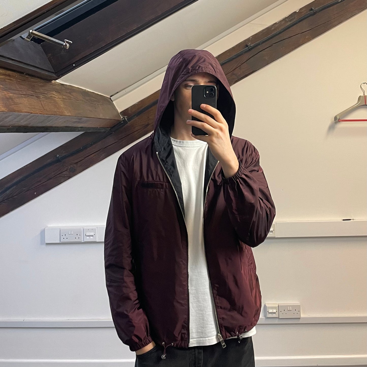 Prada Maroon & Black Reversible Lightweight Nylon Windbreaker Jacket
