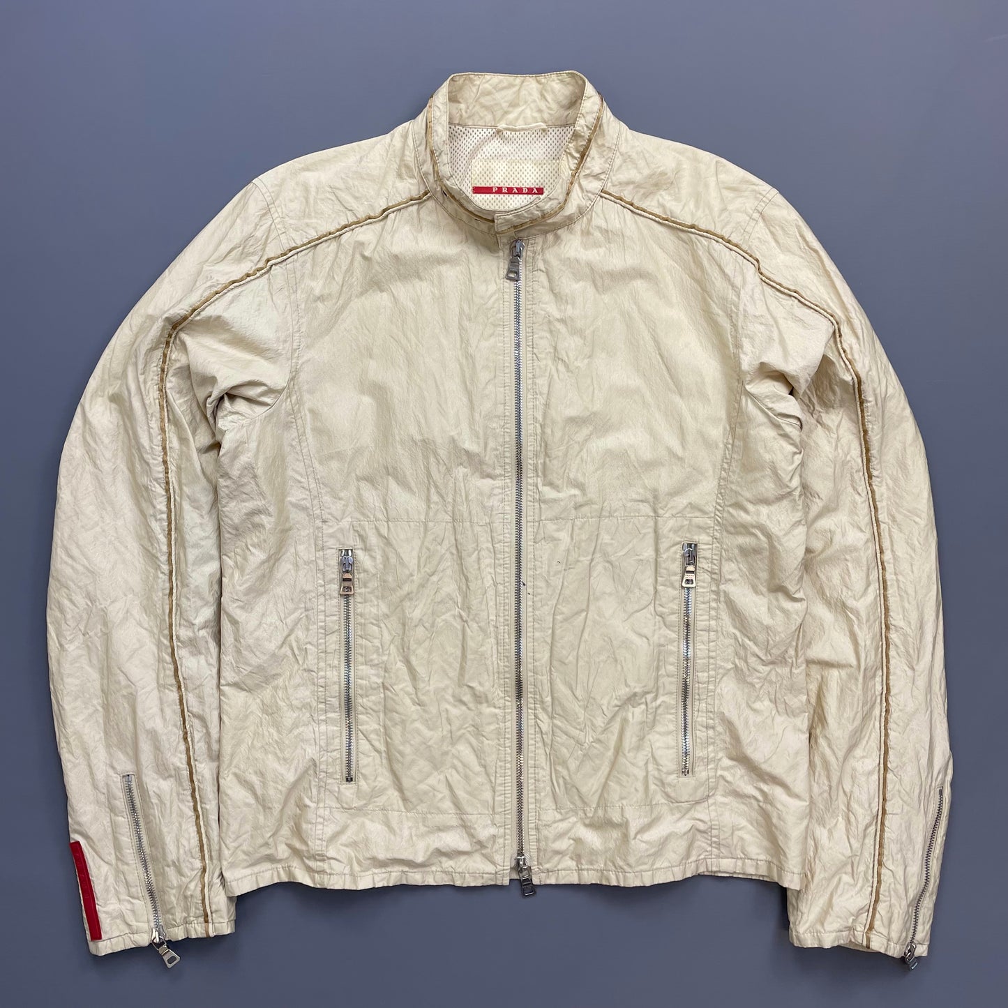 Prada Sport Cream 00s Mixed Metal Nylon Biker Jacket