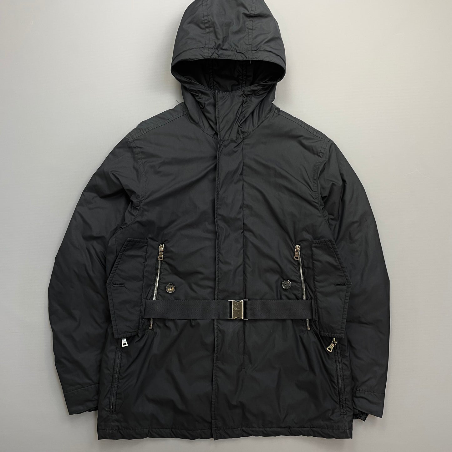 Prada Sport Black Belt Strap Padded Hooded Jacket