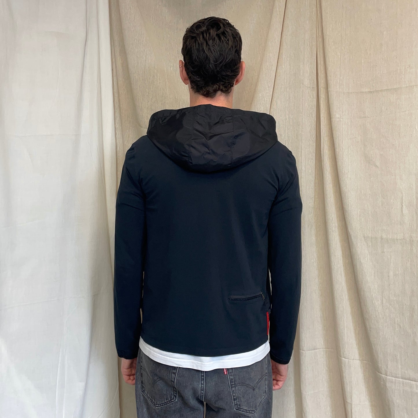 Prada Sport Black Nylon Panel Lightweight Technical Hooded Jacket