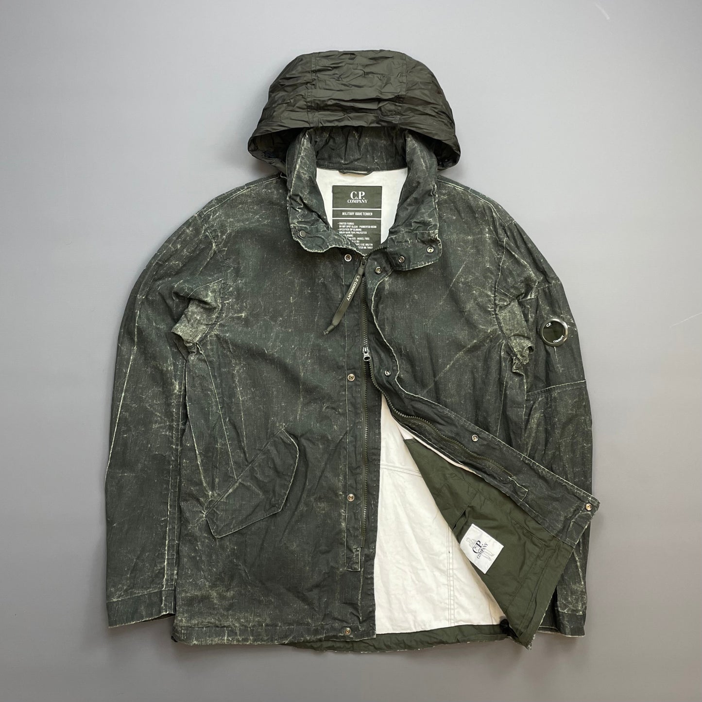 C.P. Company Green Plated Linen Military Issue Tender Concealed Hood Field Jacket