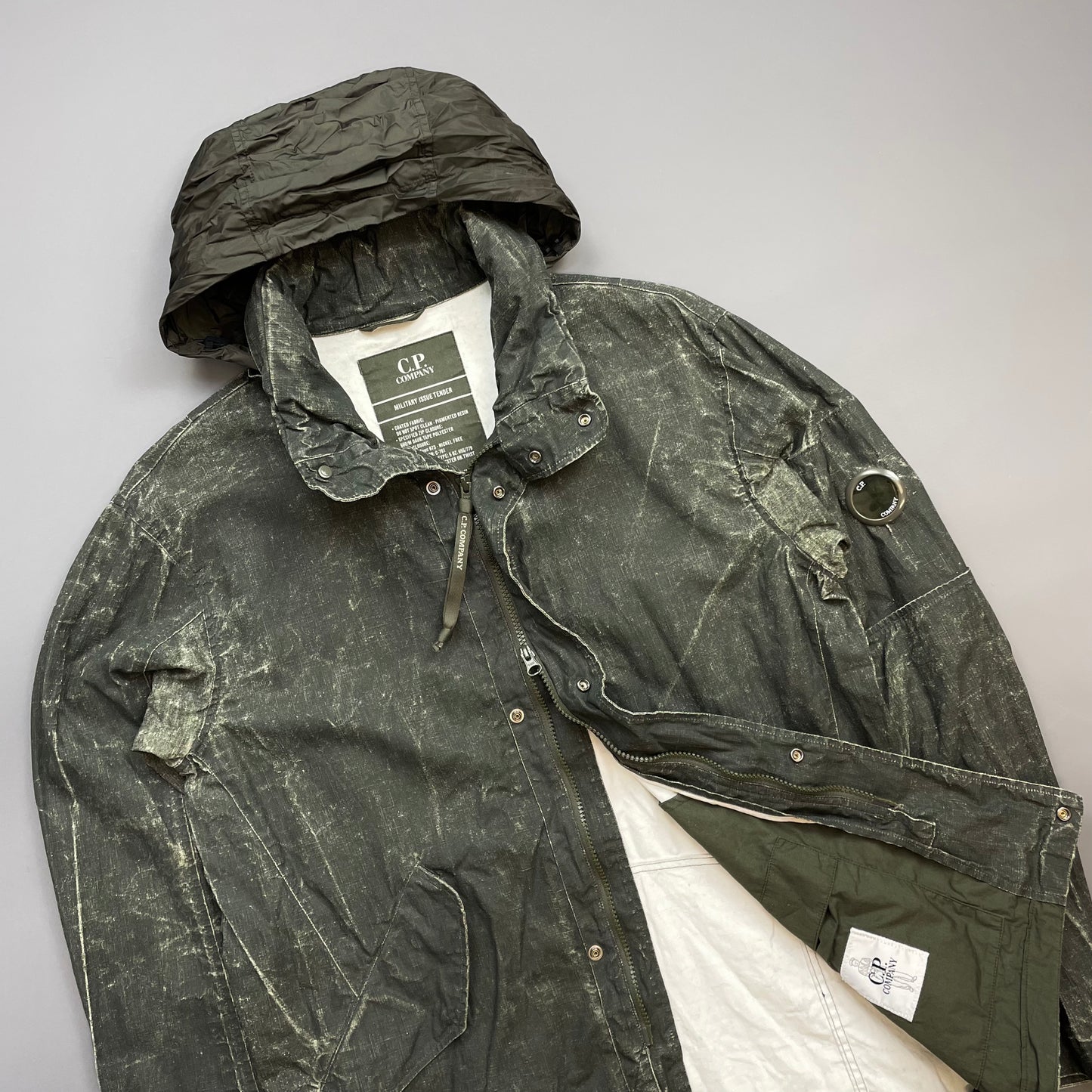 C.P. Company Green Plated Linen Military Issue Tender Concealed Hood Field Jacket