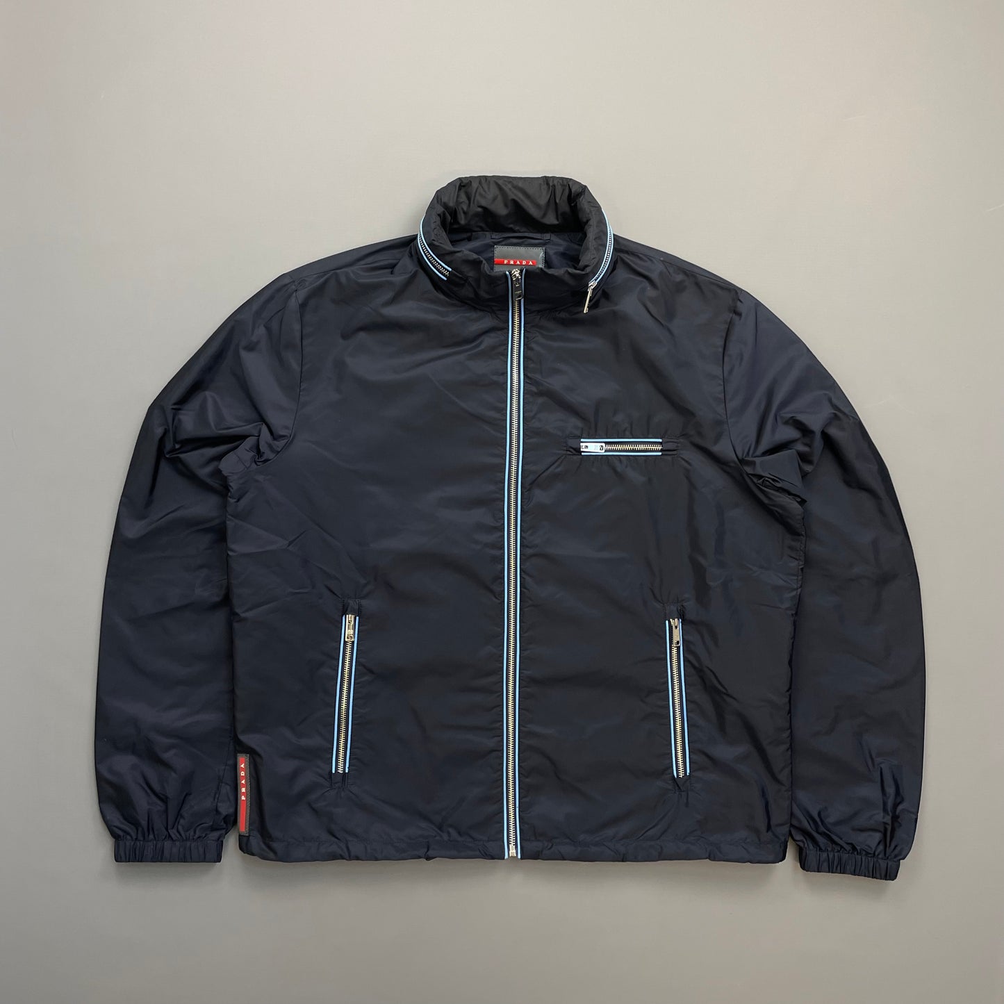 Prada Navy 2015 Contrast Stripe Zip Concealed Hood Nylon Windbreaker Jacket