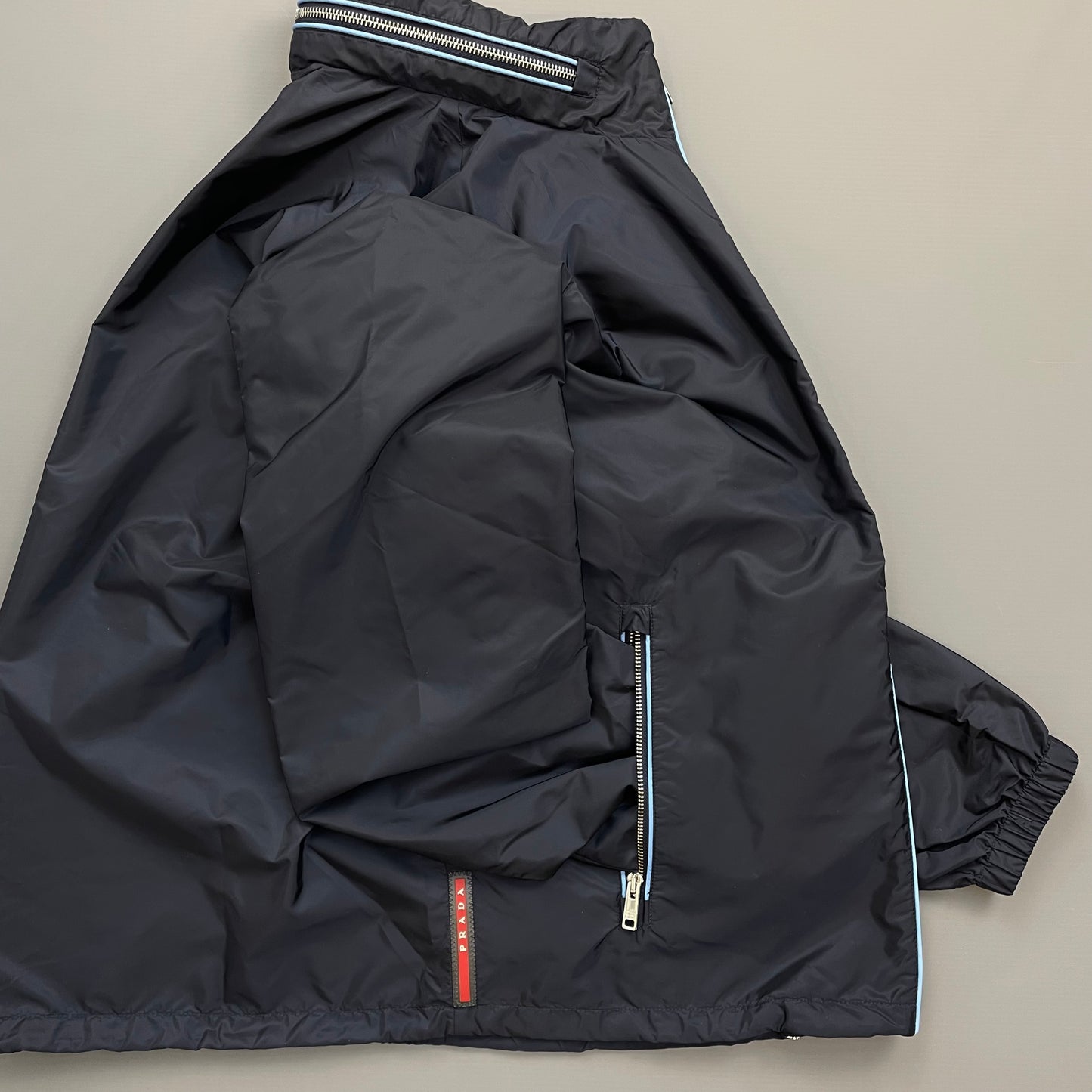 Prada Navy 2015 Contrast Stripe Zip Concealed Hood Nylon Windbreaker Jacket