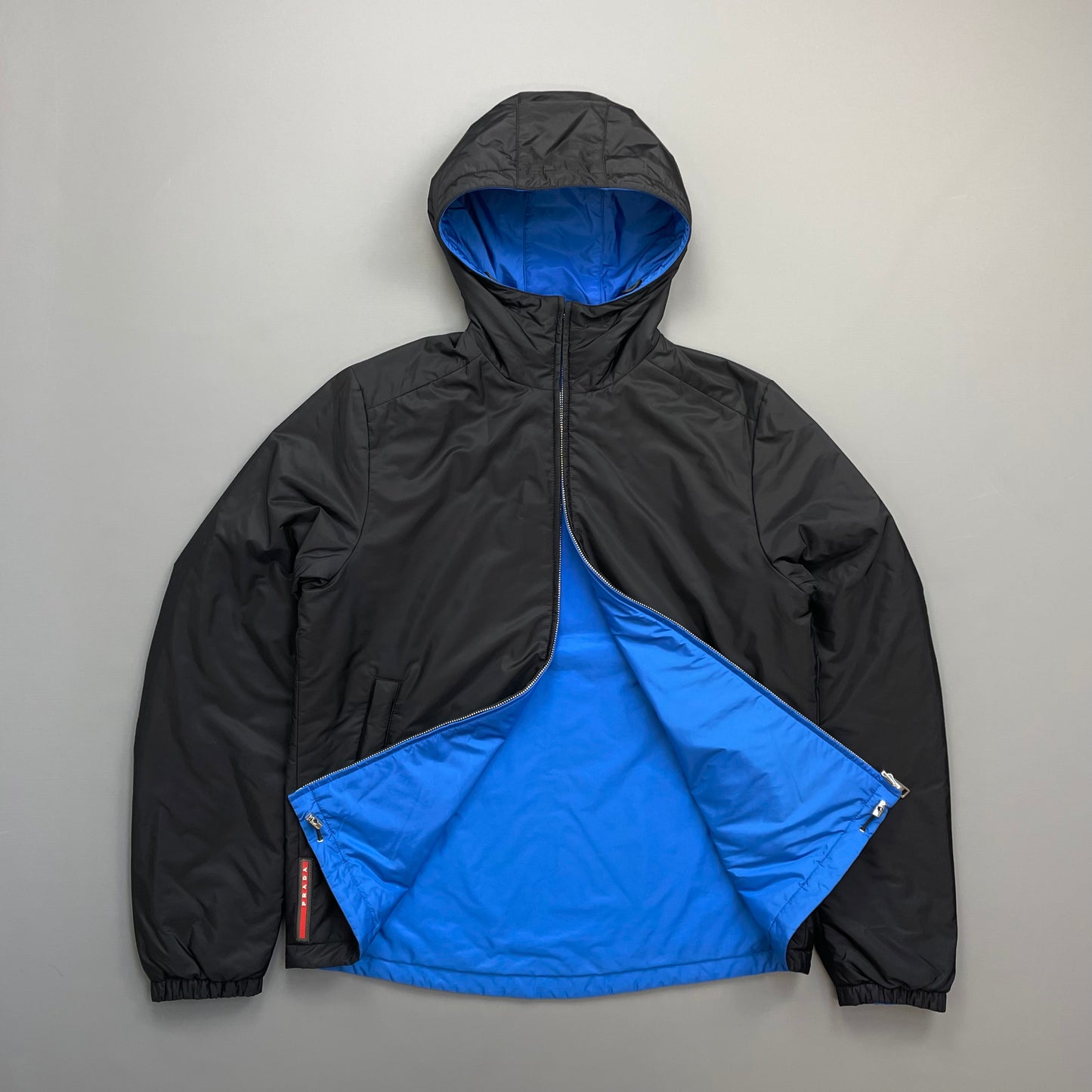 Prada Sport Black & Blue Reversible 2016 Padded Nylon Hooded Jacket