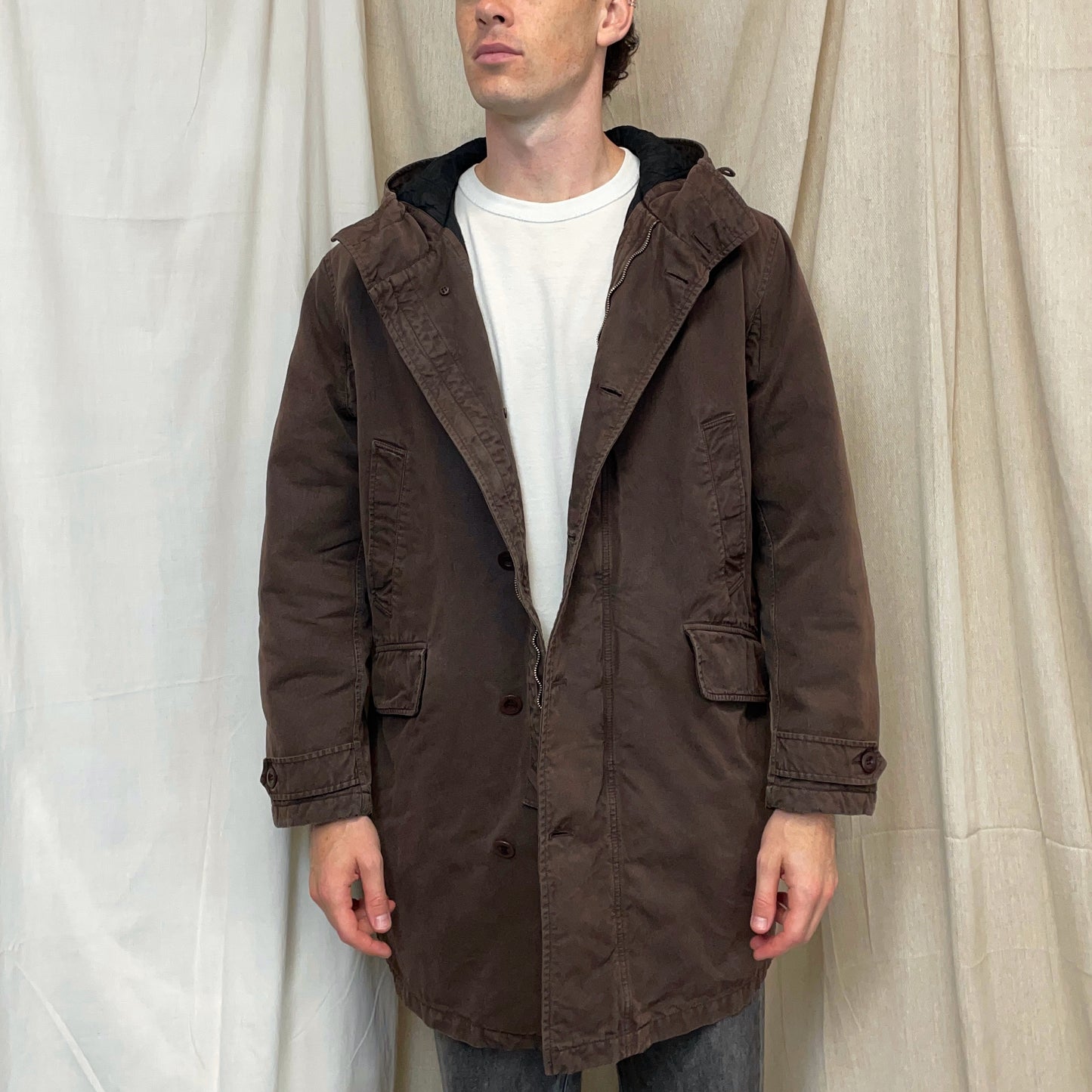 C.P. Company Brown 00s Canvas Hooded Longline Parka Coat