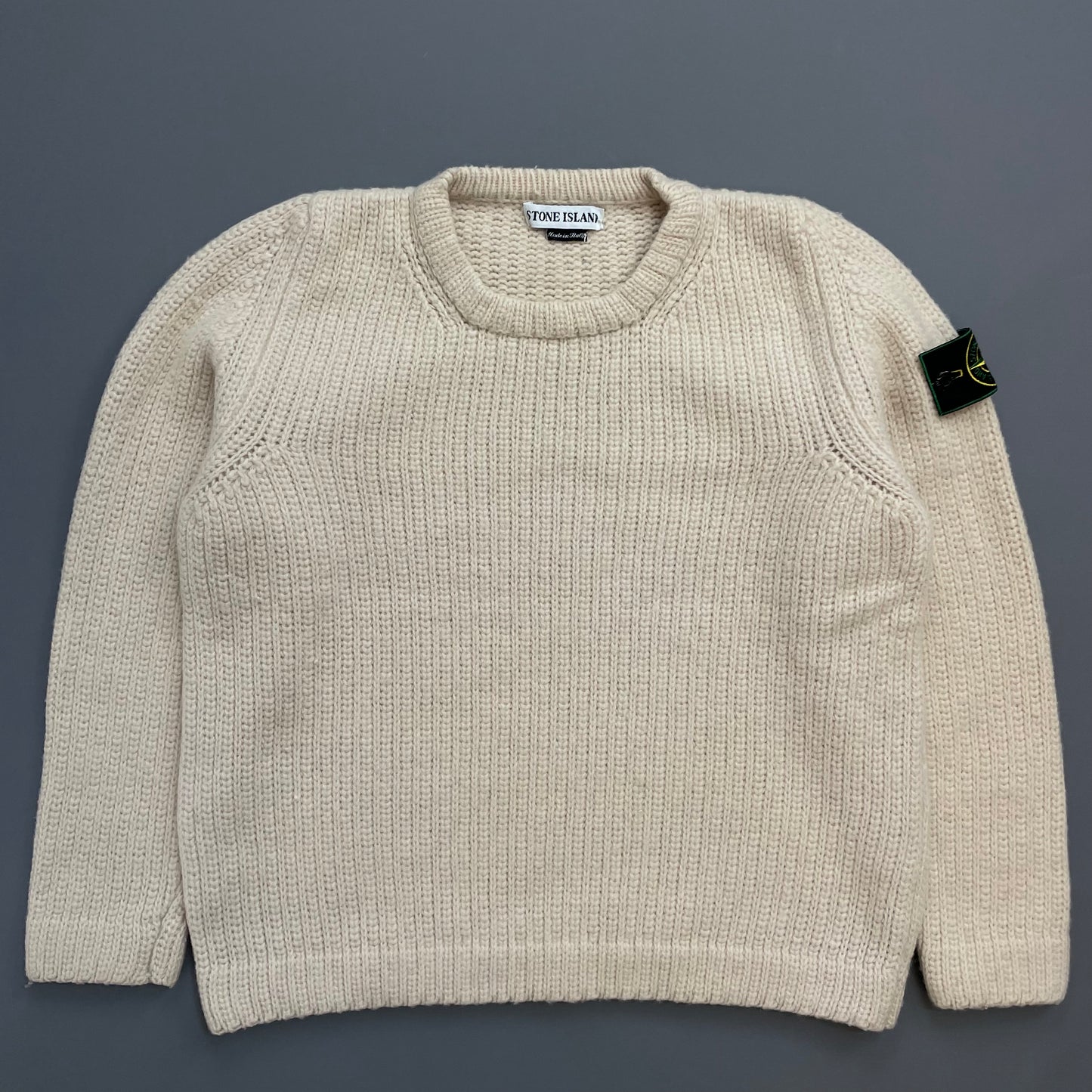 Stone Island Cream AW97 Chunky Wool Knit Green Edge Badge Crewneck Jumper
