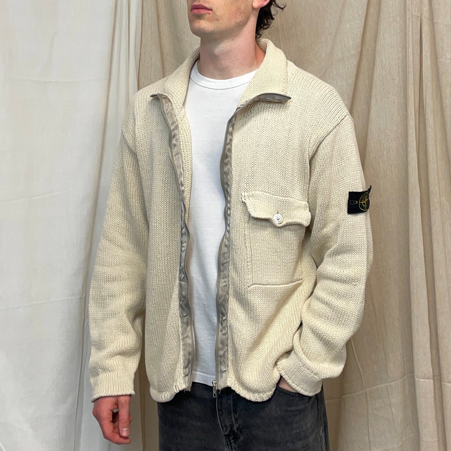 Stone Island Cream & Silver SS00 Knit Zip-Through Cardigan Jacket