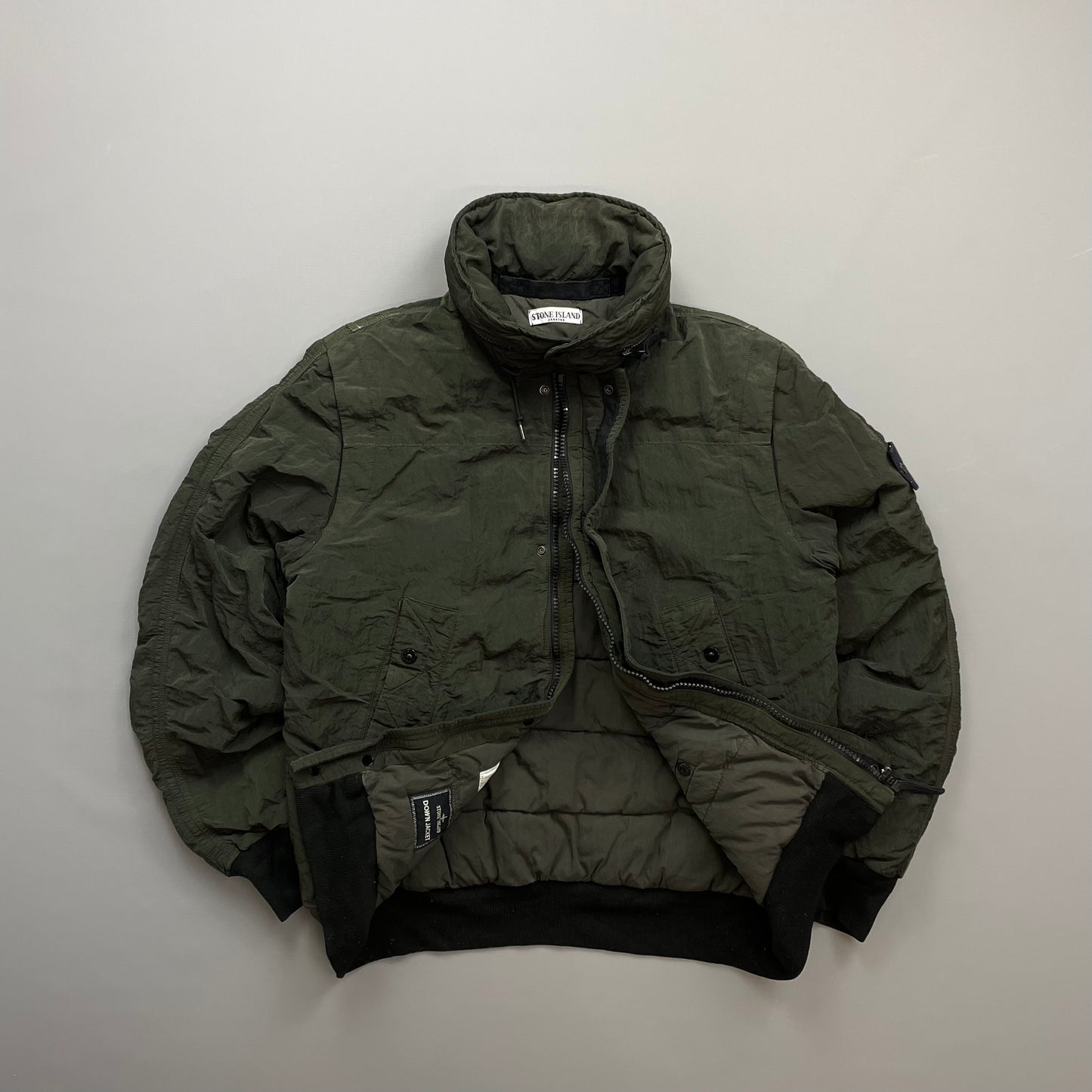 Stone Island Green AW11 Nylon Sheen Concealed Hood Bomber Down Jacket
