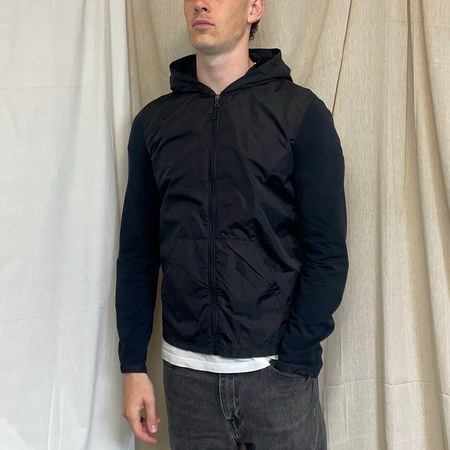 Prada Sport Black Nylon Panel Lightweight Technical Hooded Jacket