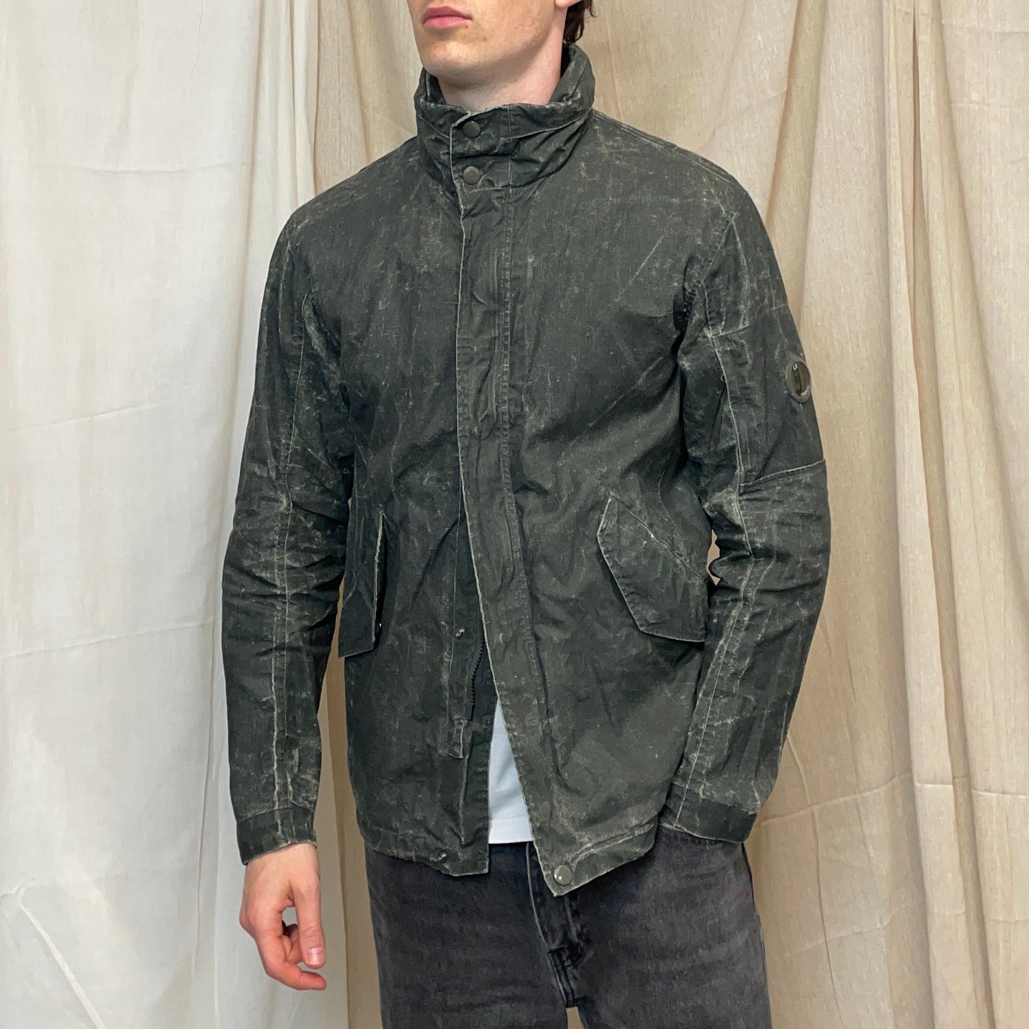 C.P. Company Green Plated Linen Military Issue Tender Concealed Hood Field Jacket