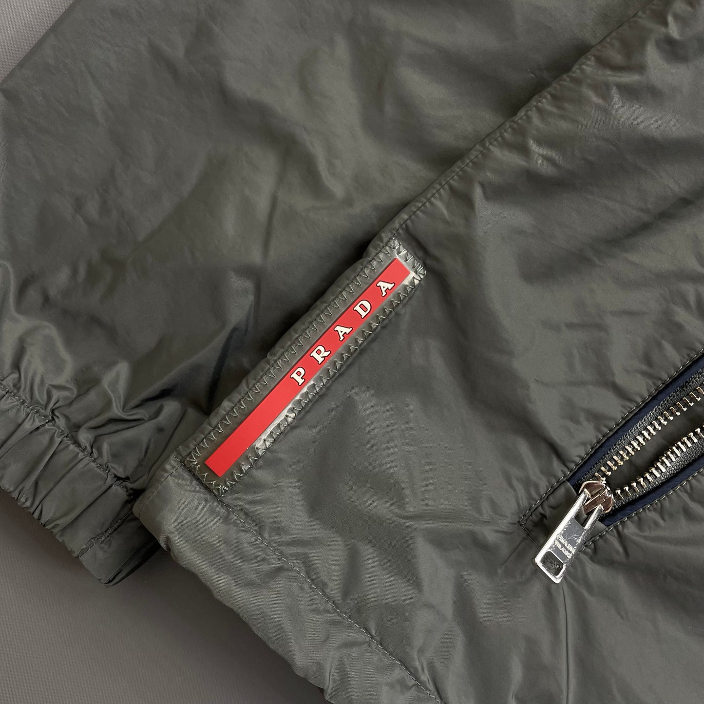 Prada Grey 2015 Contrast Stripe Zip Concealed Hood Nylon Windbreaker Jacket