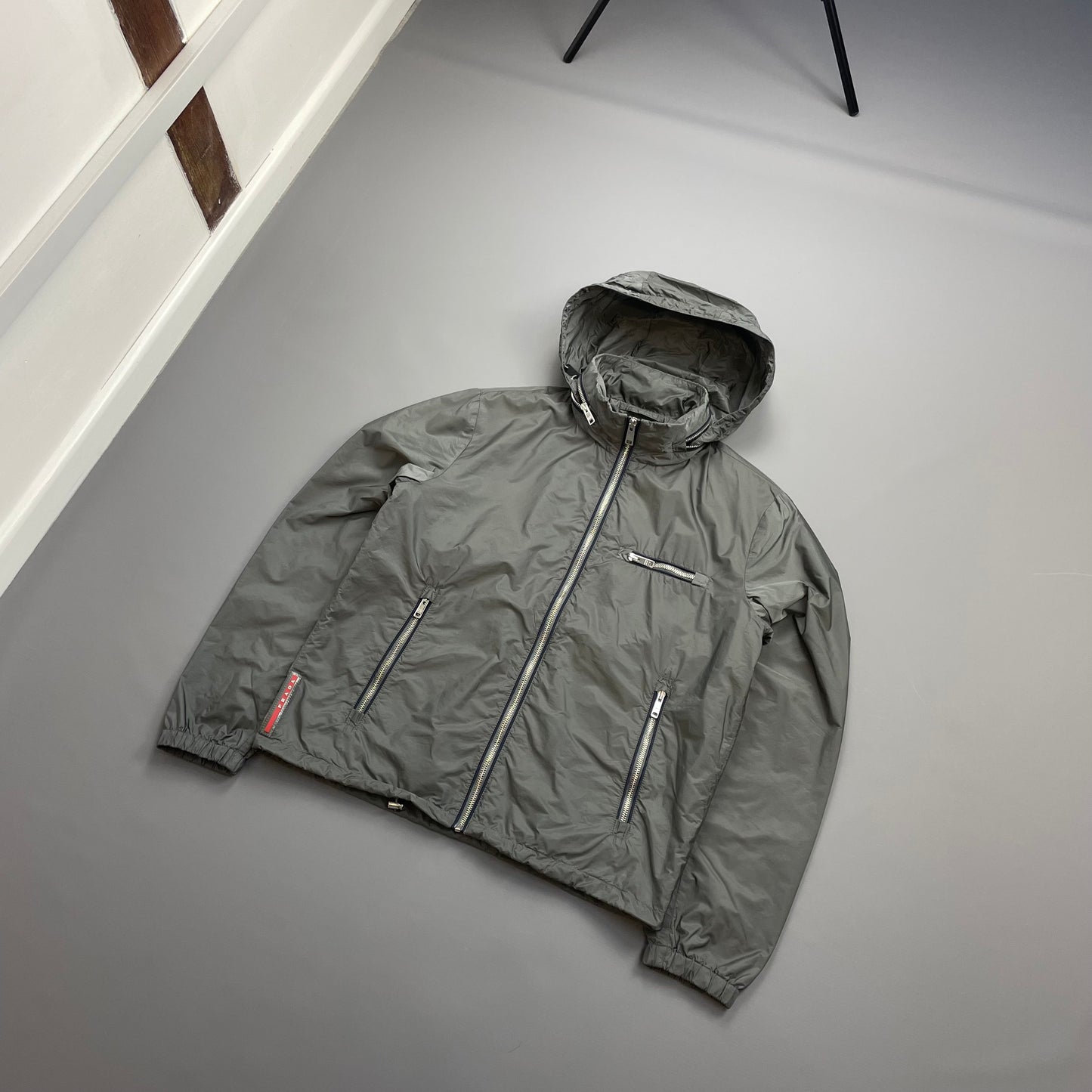 Prada Grey 2015 Contrast Stripe Zip Concealed Hood Nylon Windbreaker Jacket