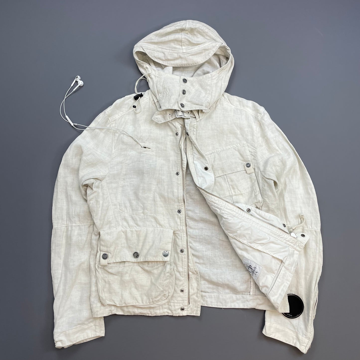 C.P. Company White SS08 Linen Lino Flax Multi-Pocket Detachable Hood Watchviewer Jacket
