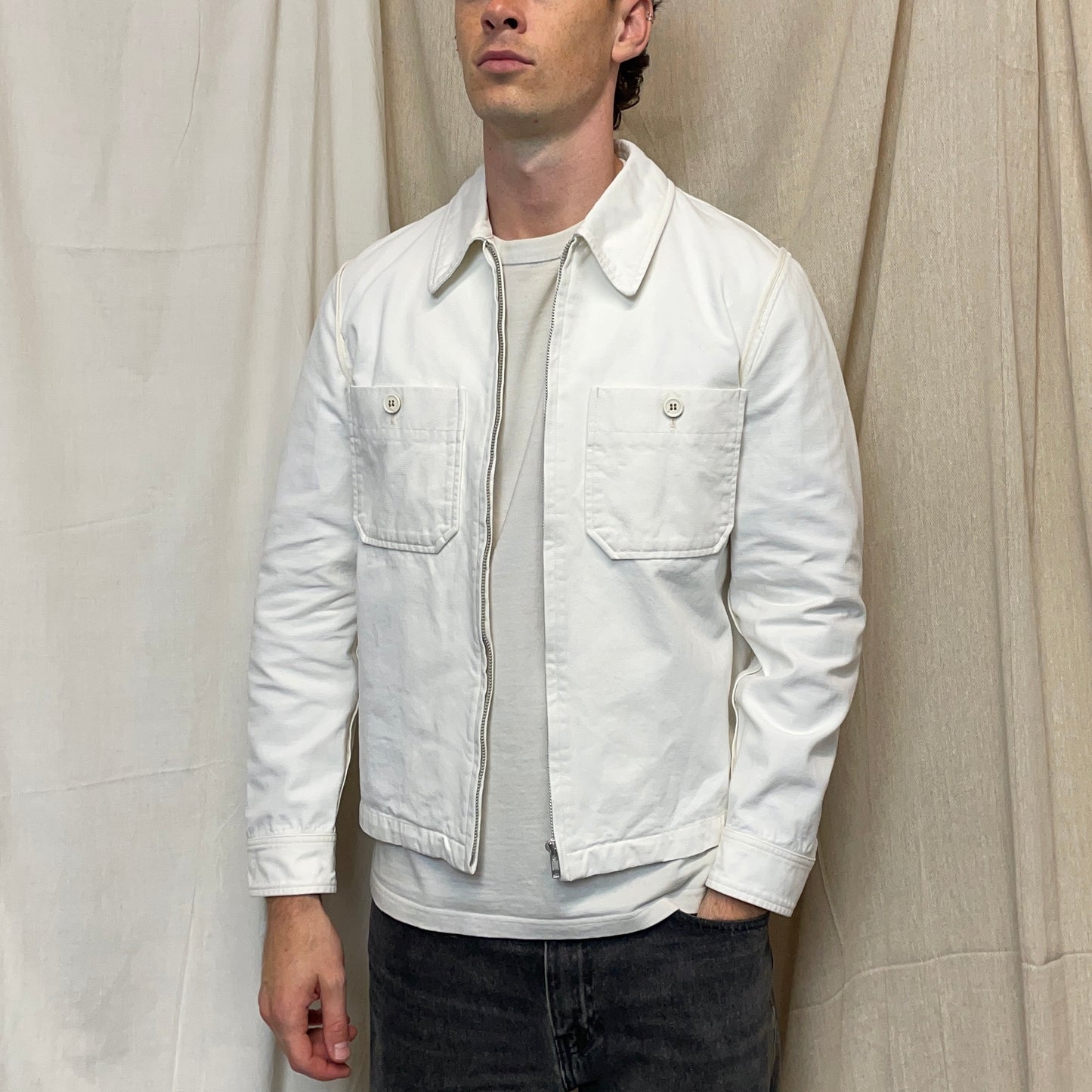Comme Des Garçons Homme White AW12 Cotton Zip-Through Work Jacket