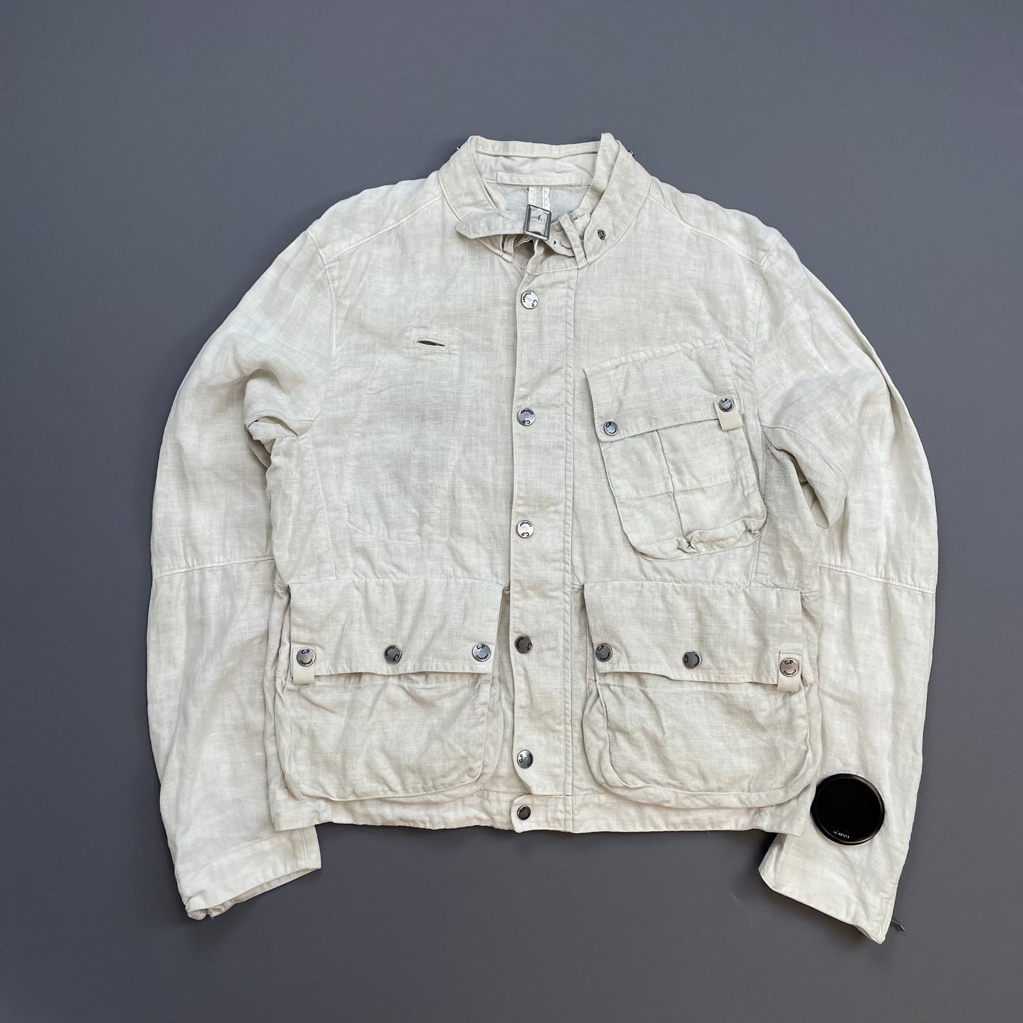 C.P. Company White SS08 Linen Lino Flax Multi-Pocket Detachable Hood Watchviewer Jacket