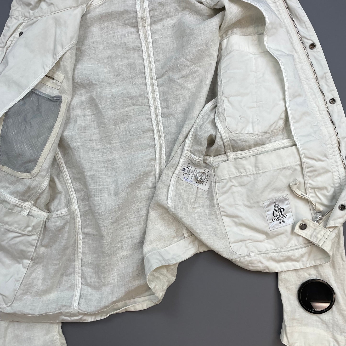 C.P. Company White SS08 Linen Lino Flax Multi-Pocket Detachable Hood Watchviewer Jacket