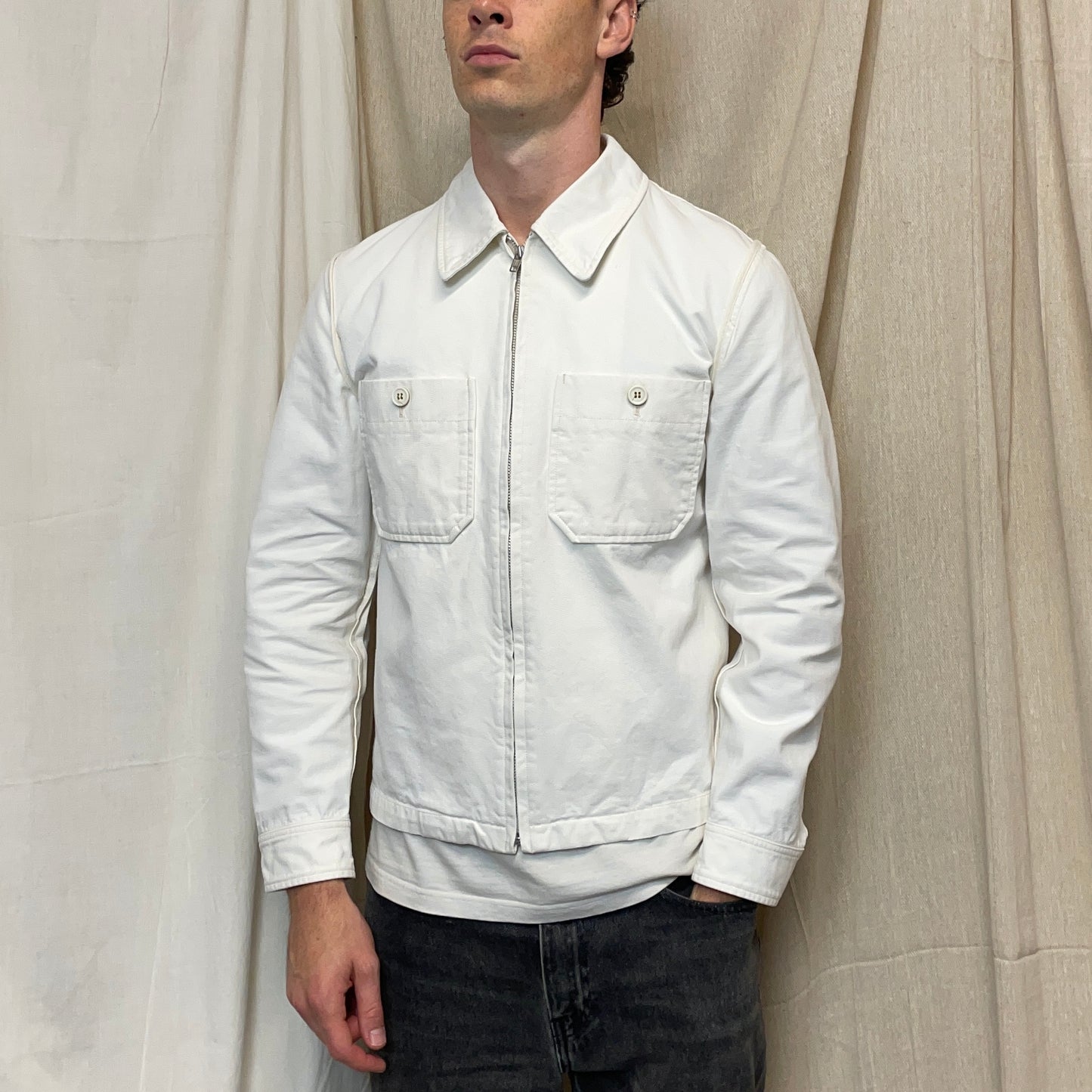 Comme Des Garçons Homme White AW12 Cotton Zip-Through Work Jacket