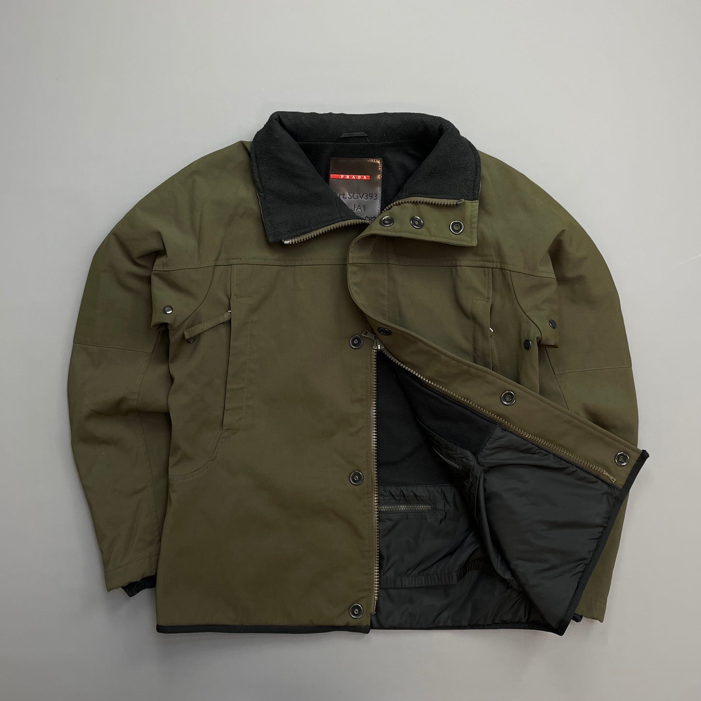 Prada Sport Khaki AW02 Technical Nylon Fleece-Lined Removable Hood Ski Jacket