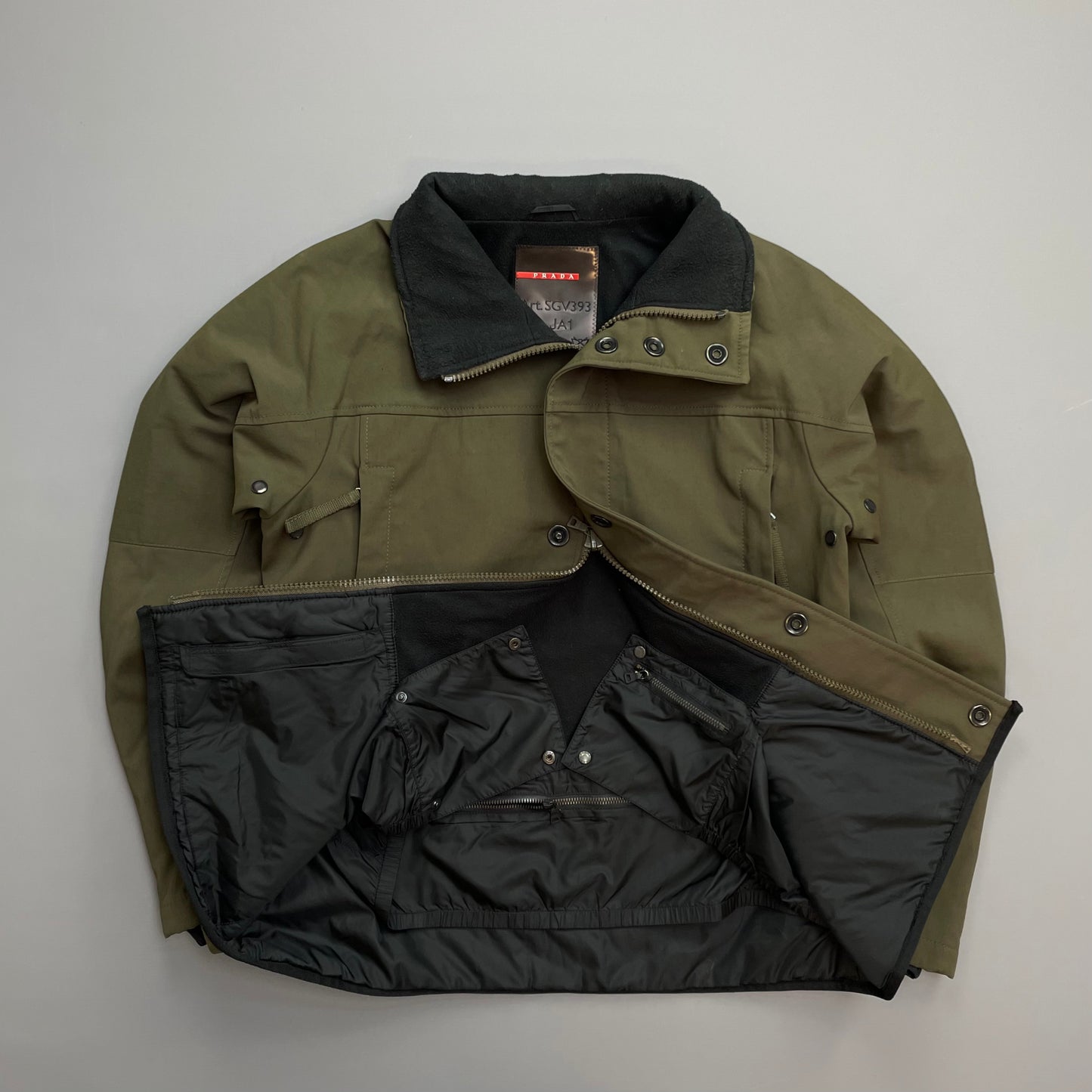 Prada Sport Khaki AW02 Technical Nylon Fleece-Lined Removable Hood Ski Jacket