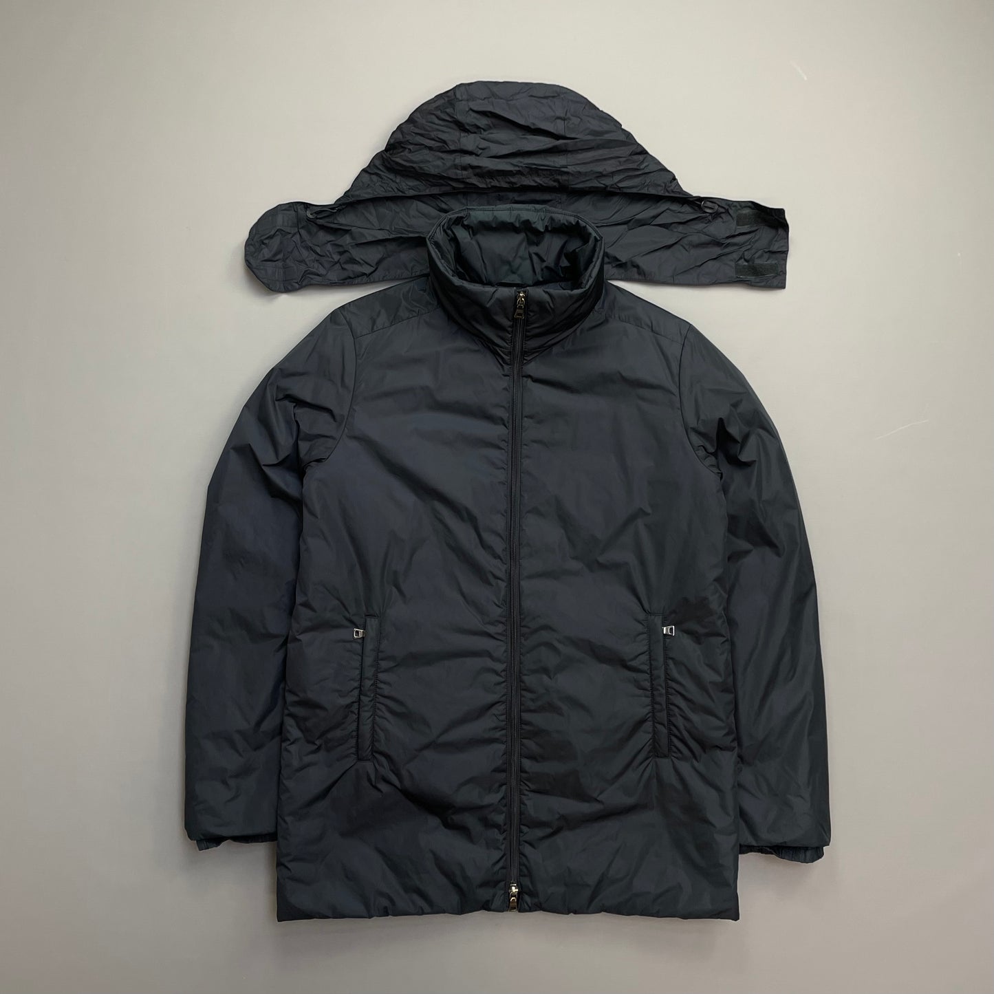 Prada Sport Navy 00s Nylon Padded Concealed Hood Longline Overcoat