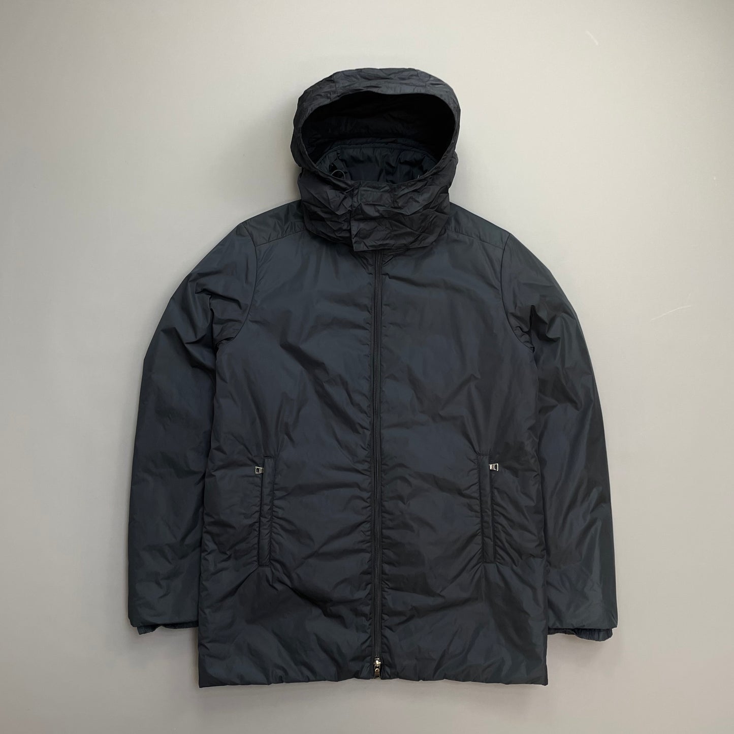 Prada Sport Navy 00s Nylon Padded Concealed Hood Longline Overcoat