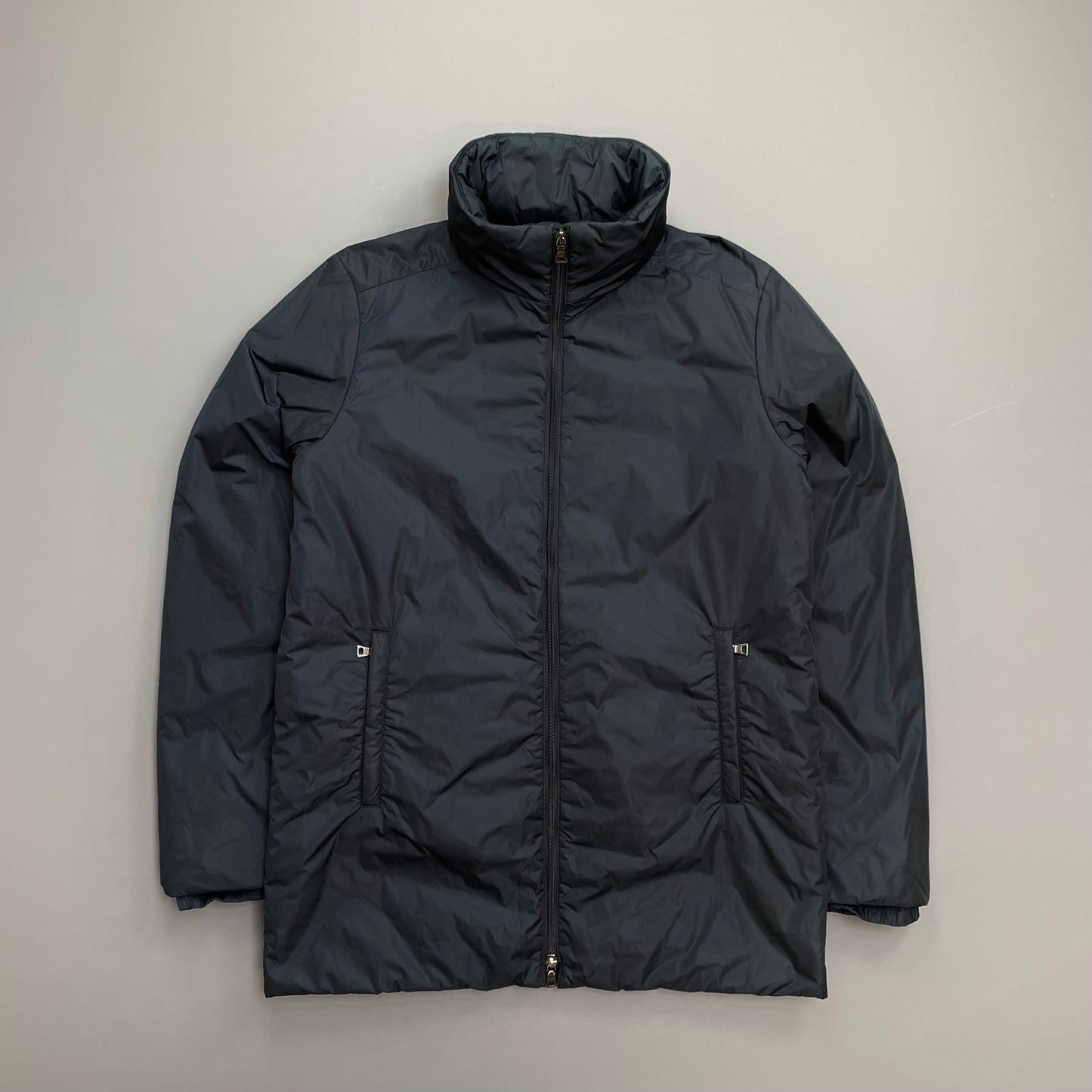 Prada Sport Navy 00s Nylon Padded Concealed Hood Longline Overcoat
